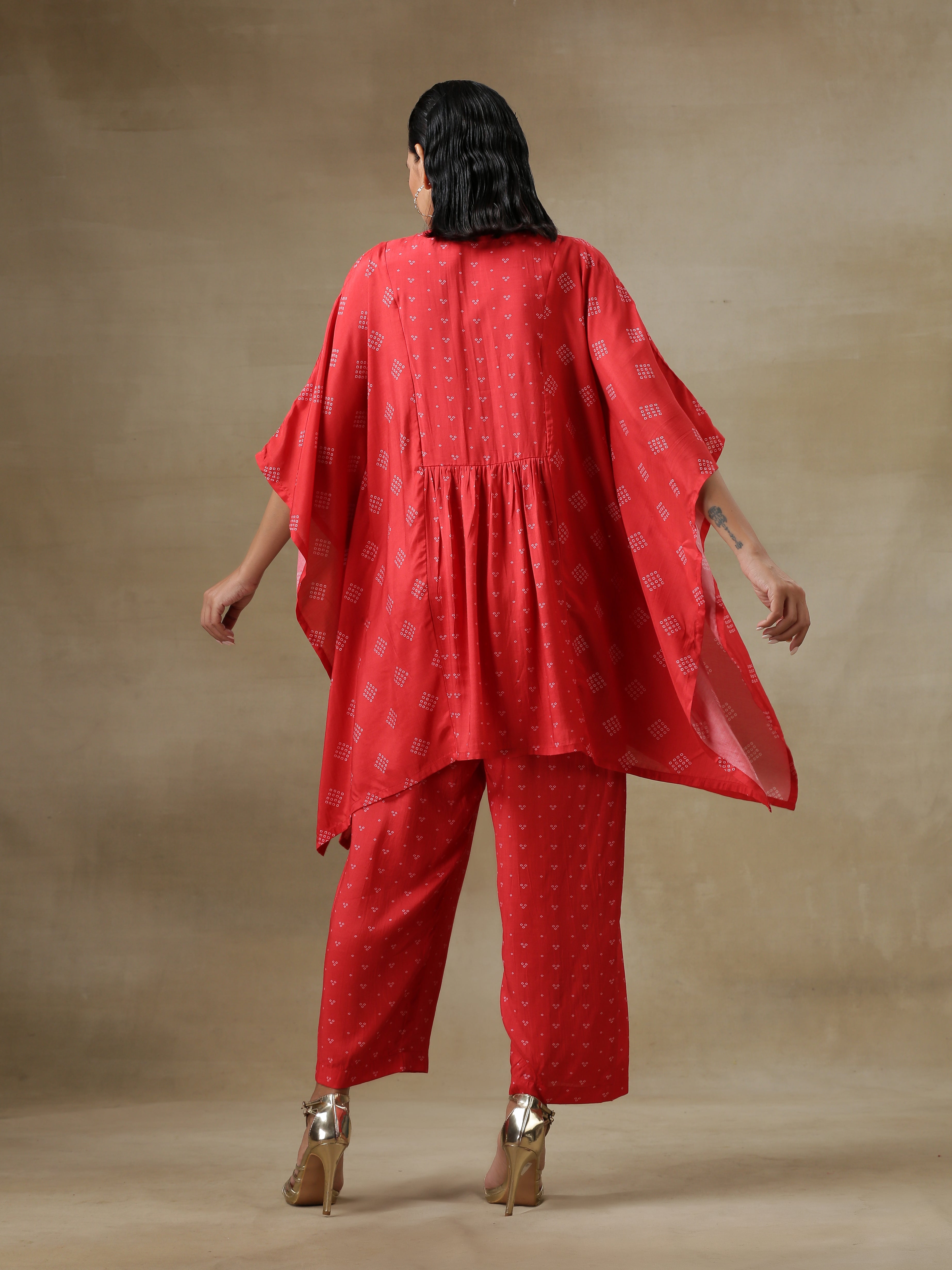 Red Bandhani Printed Silk Kaftan Gathered Co-Ord Set