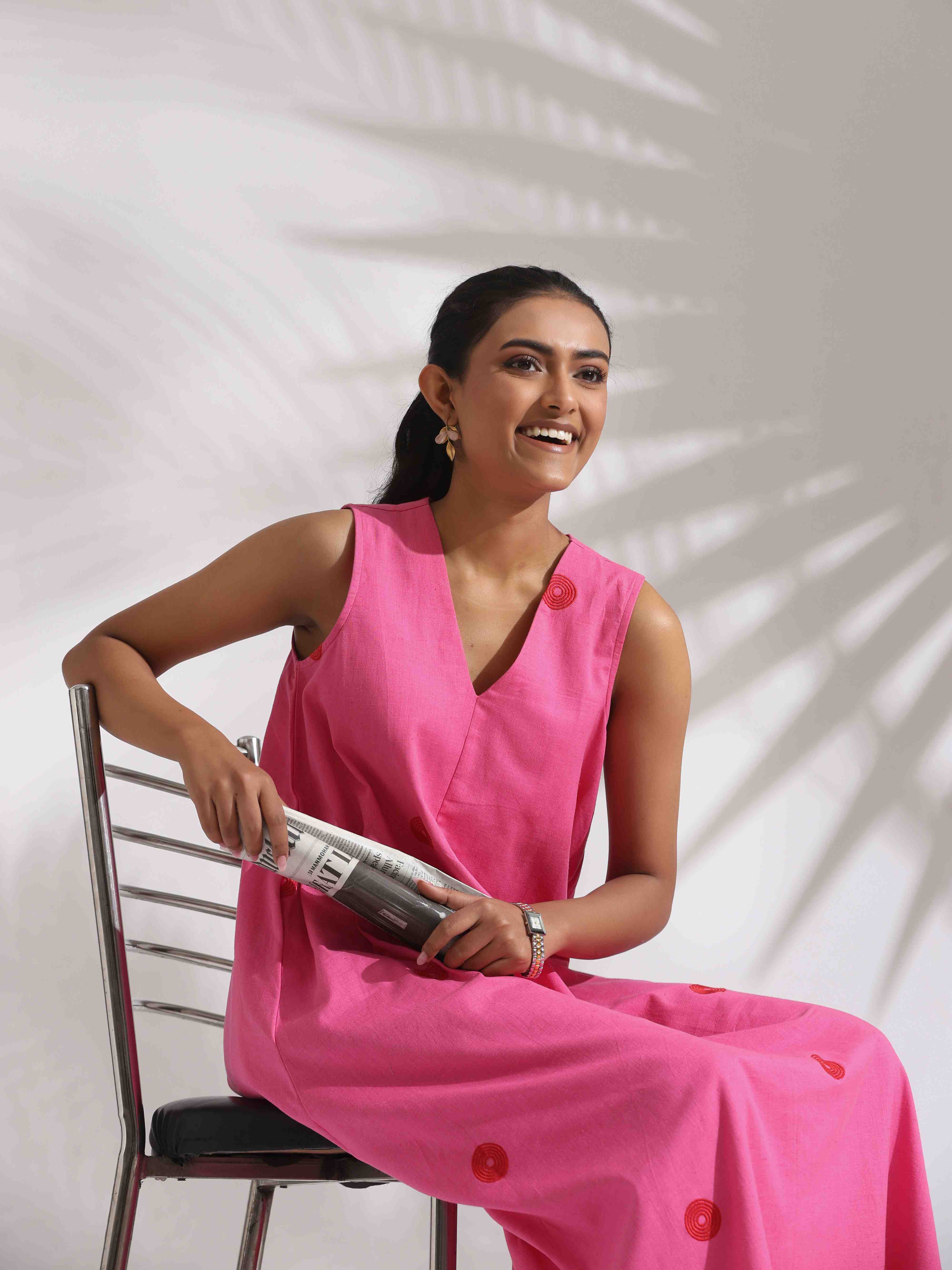 trueBrowns Pink Cotton Embroidered Flared Dress