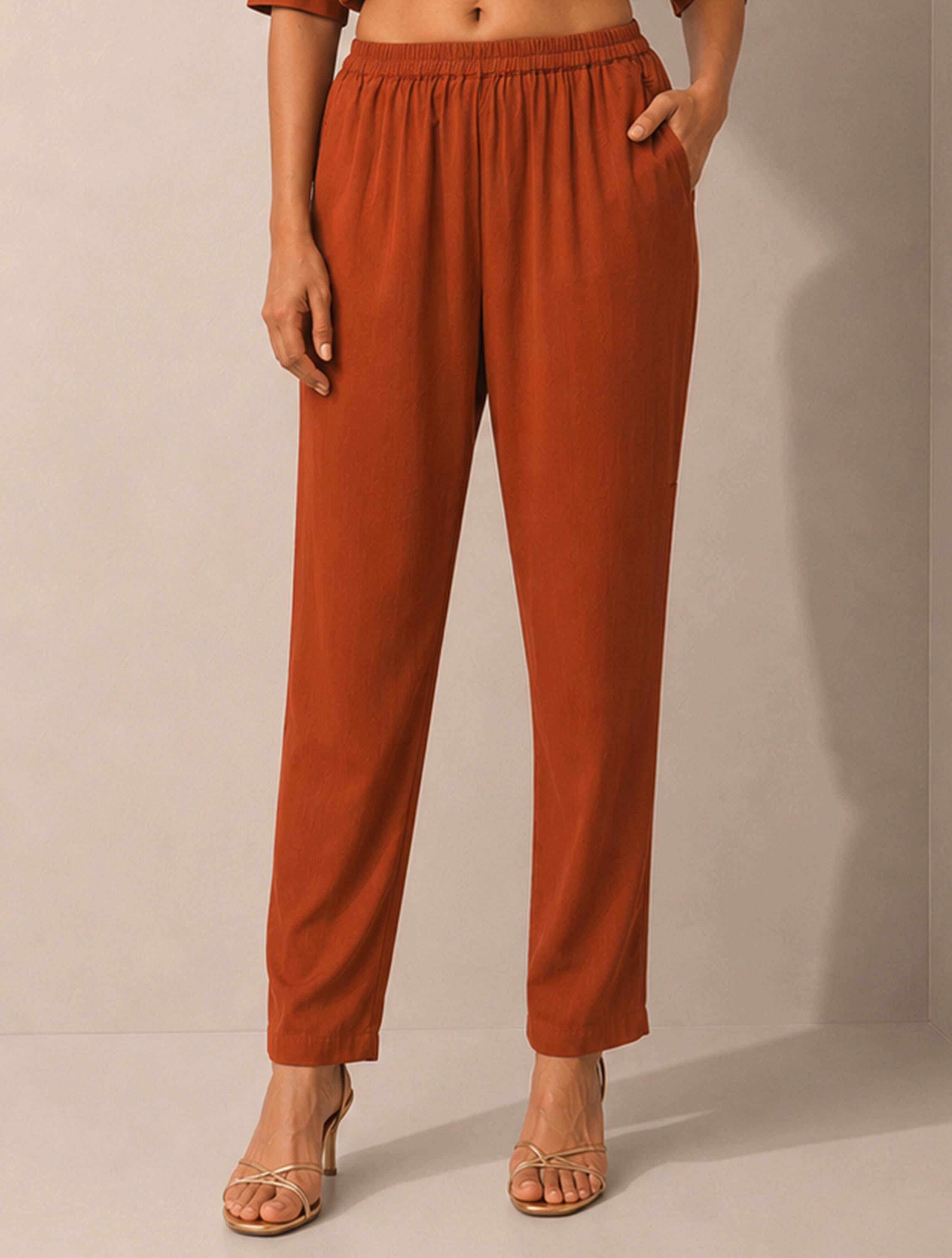 trueBrowns Rust Solid Viscose High-Slit Kurta Set