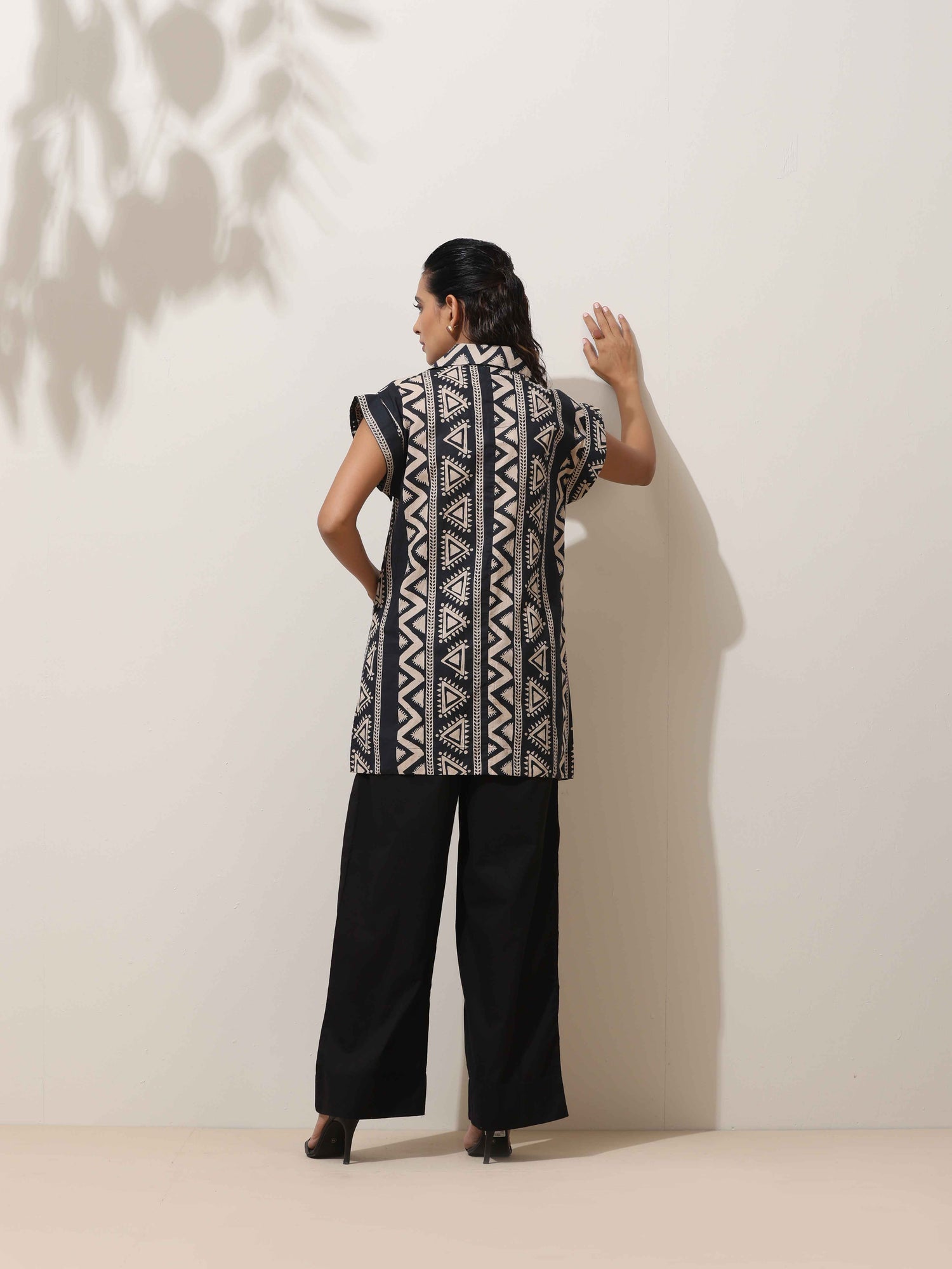 trueBrowns Beige Cotton Geometric Print Jacket Co-ord Set