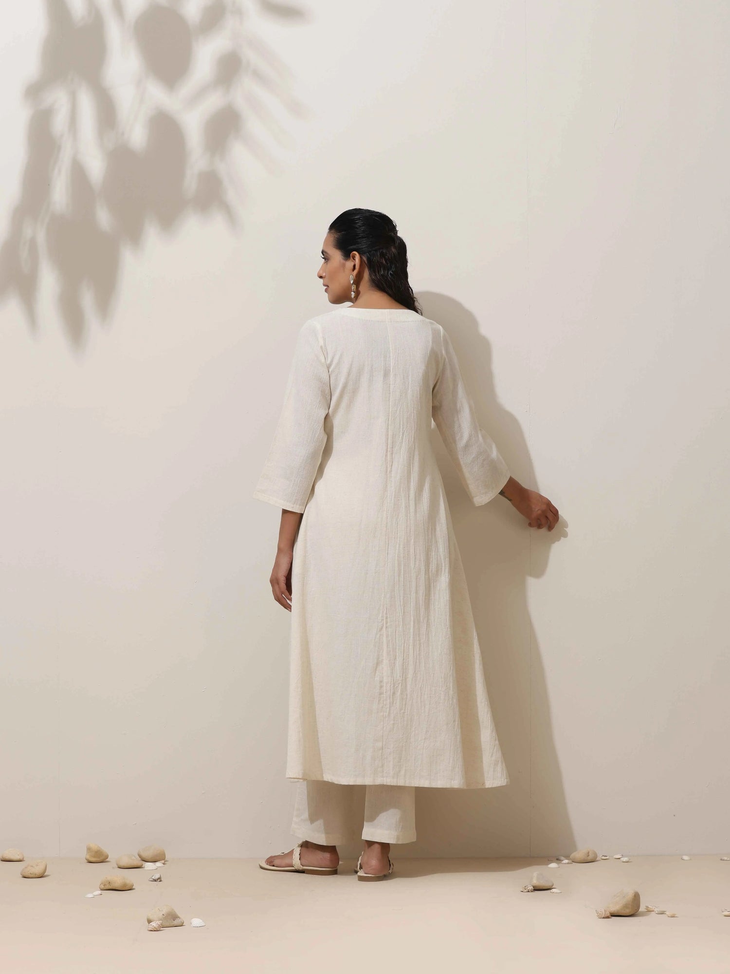 trueBrowns Off White Cotton Angrakha Kurta Pant Set