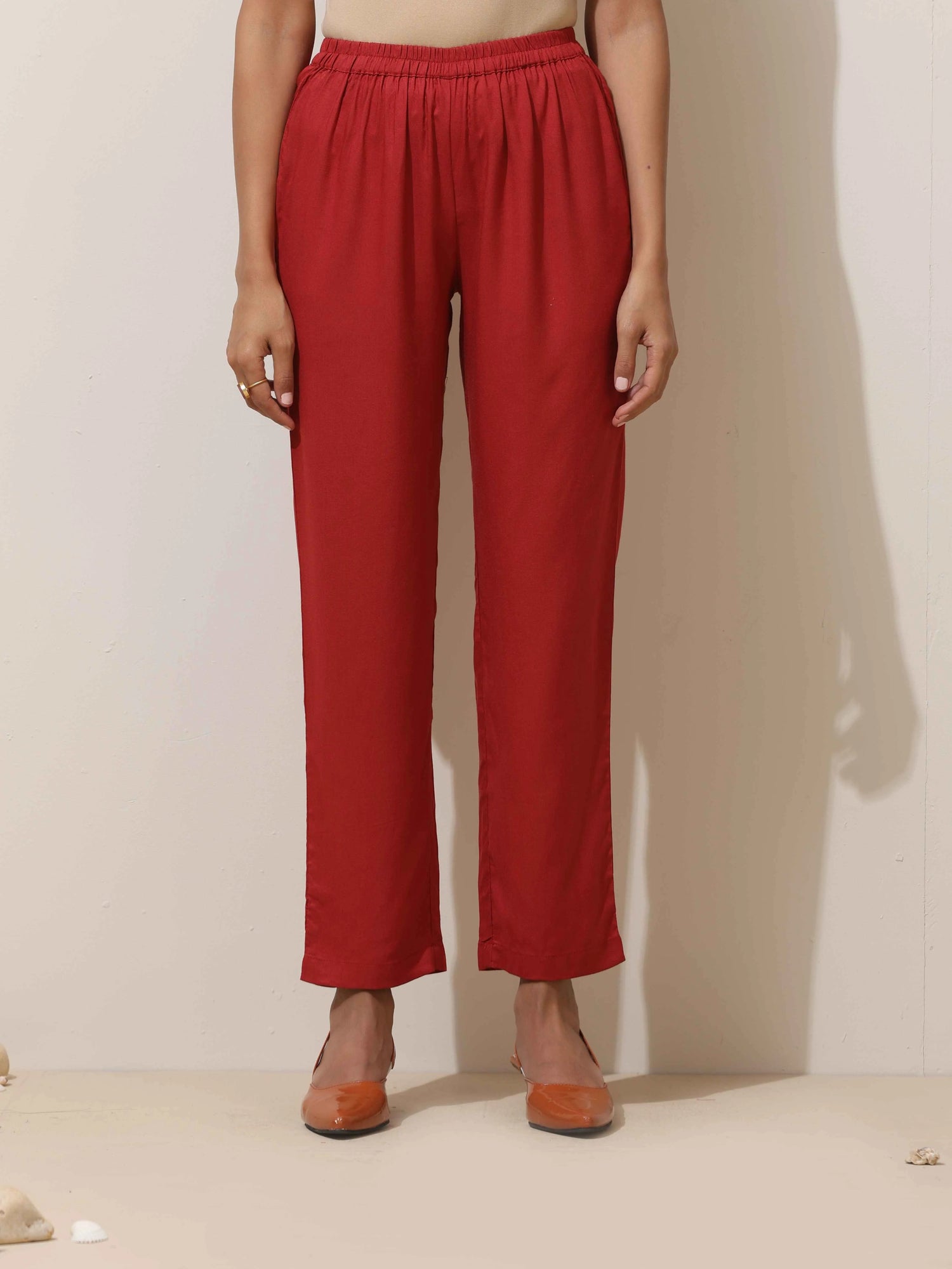 trueBrowns Maroon Viscose Solid Co-ord Set