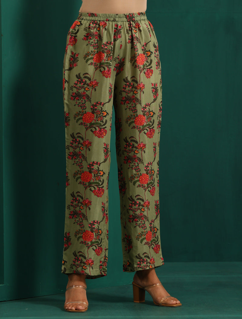 trueBrowns Green Floral Muslin Silk Printed Kurta Pant Set