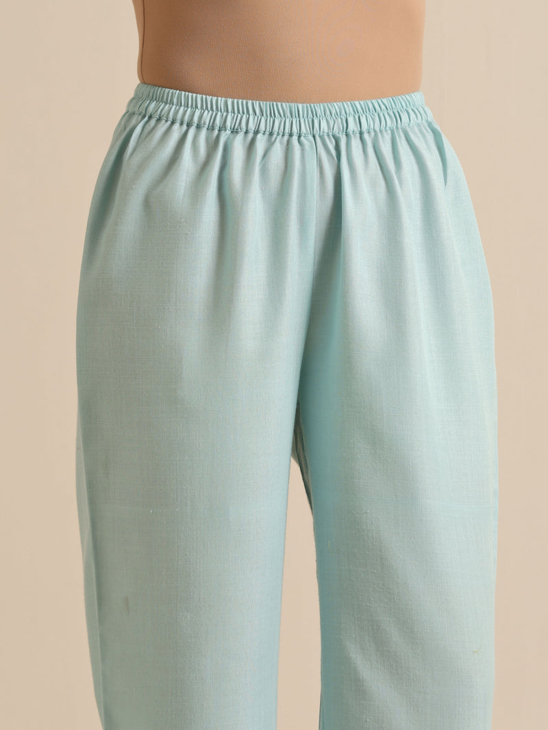 Sky Blue Slub Sleeveless Flared Kurta Pant Set