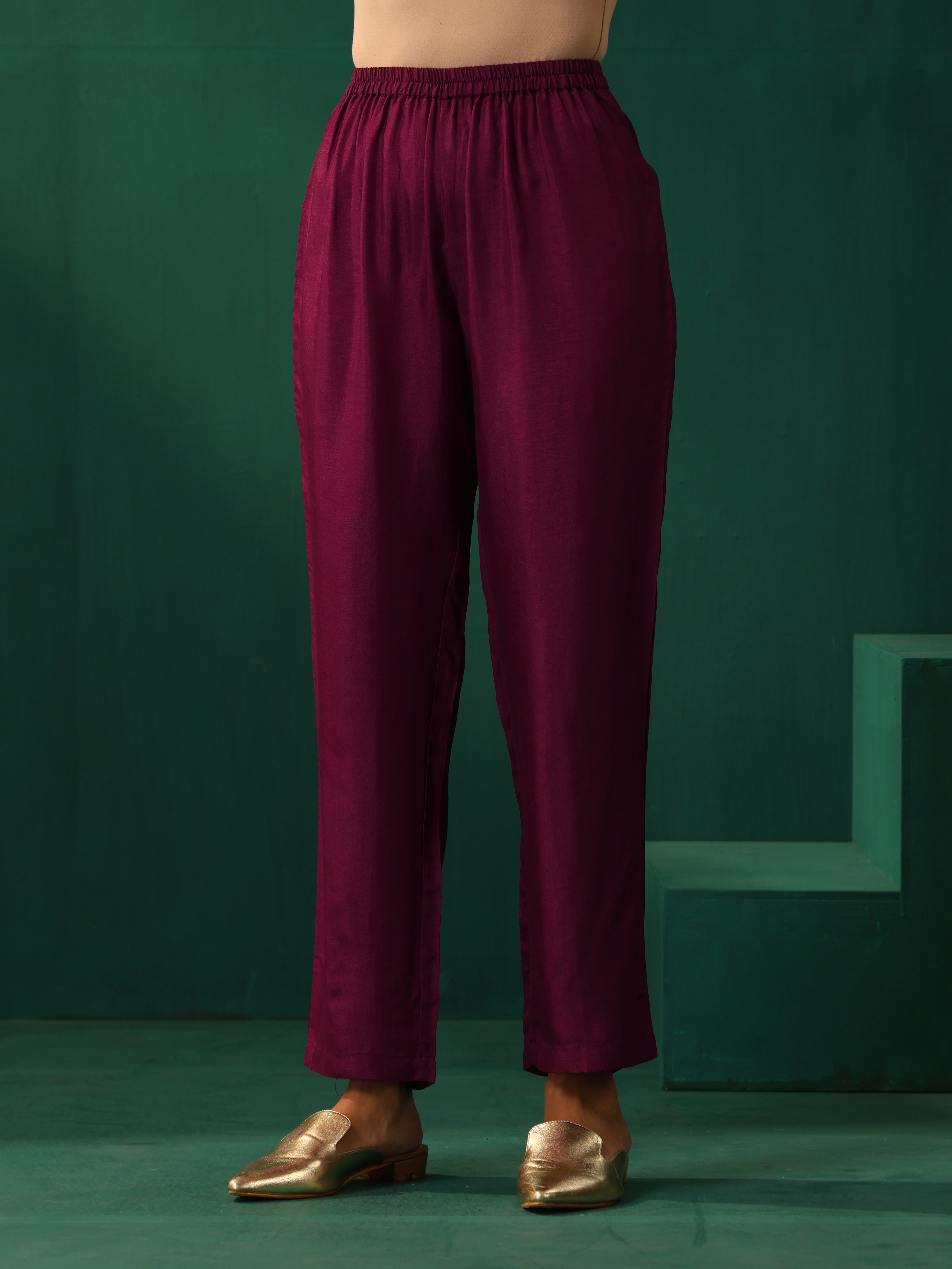 trueBrowns Maroon Floral Viscose Silk Kurta Pant Set