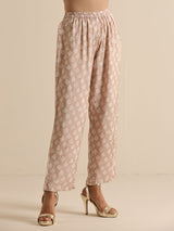 Beige White Floral Silk Print Kaftan Pant Set