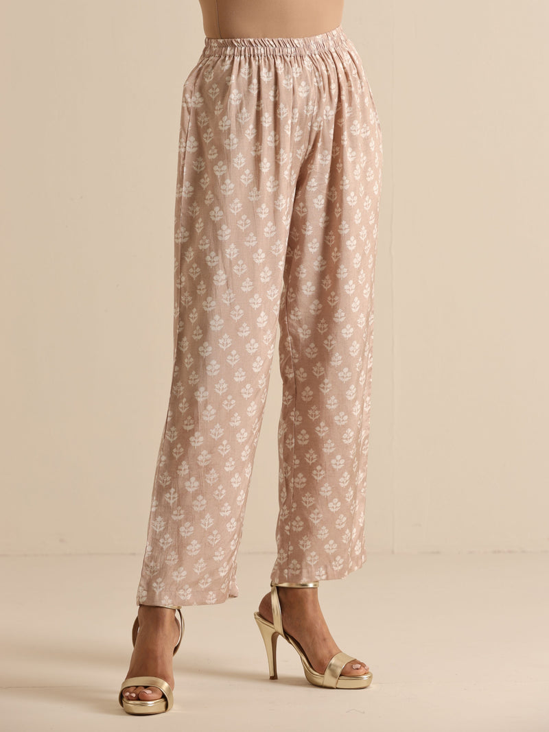 Beige White Floral Silk Print Kaftan Pant Set
