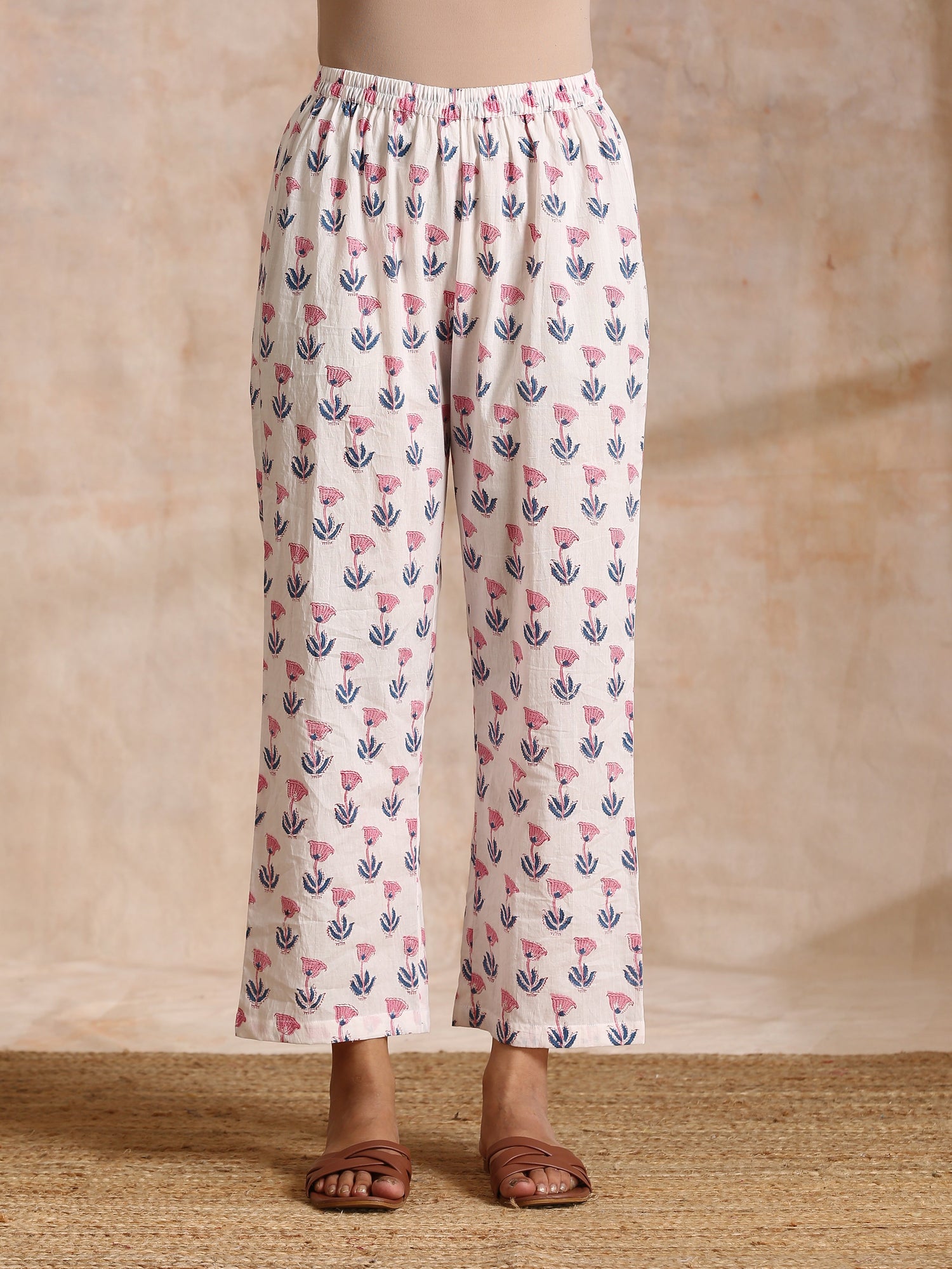White With Pink Blue Buta Block Print Cotton Kurta Pant Set