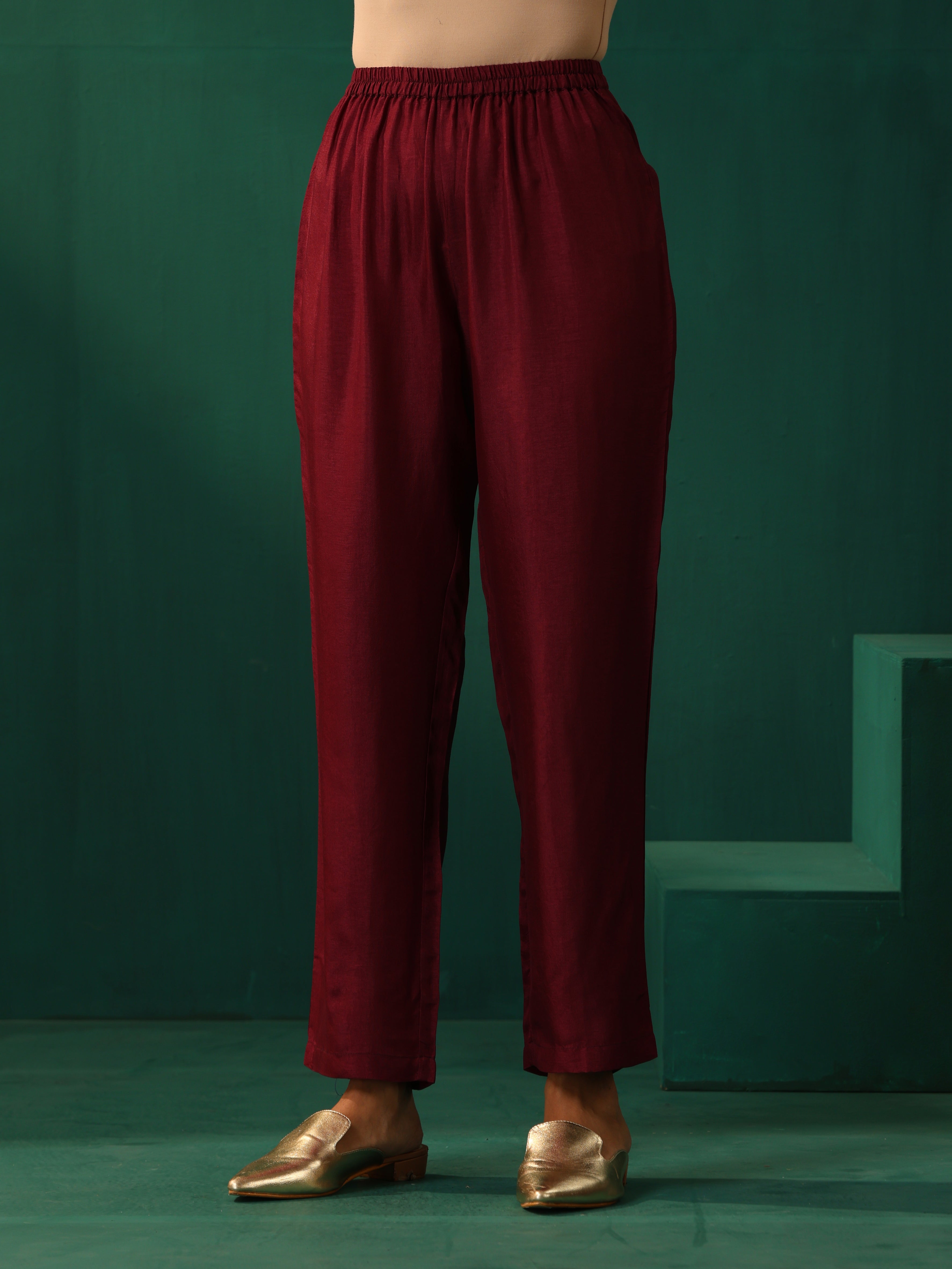 trueBrowns Maroon Diamond Viscose Silk Kurta Pant Set