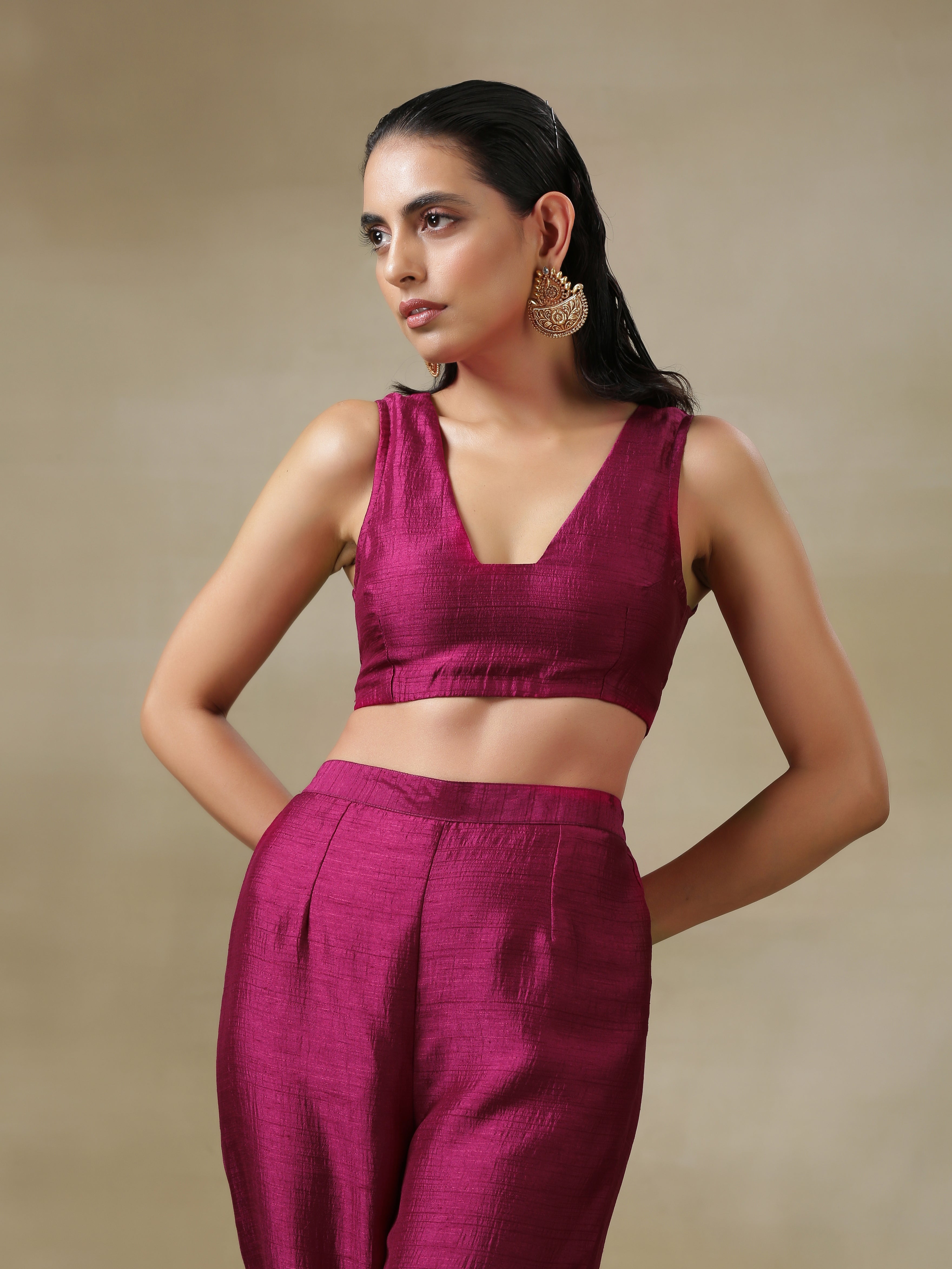 Purple Textured Silk Overlay Jacket Blouse Pant Set