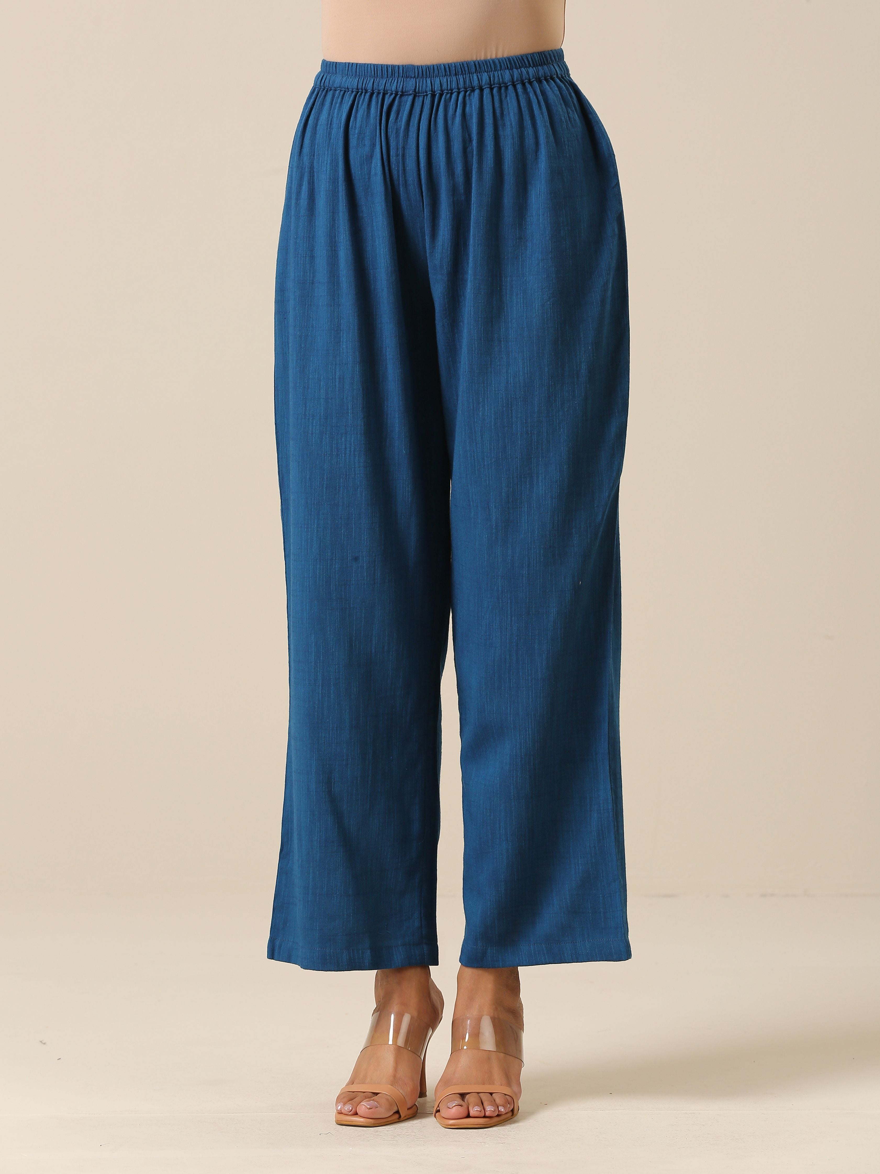 Classic Blue Slub Texture Overlap Pleat Kurta Pant Set