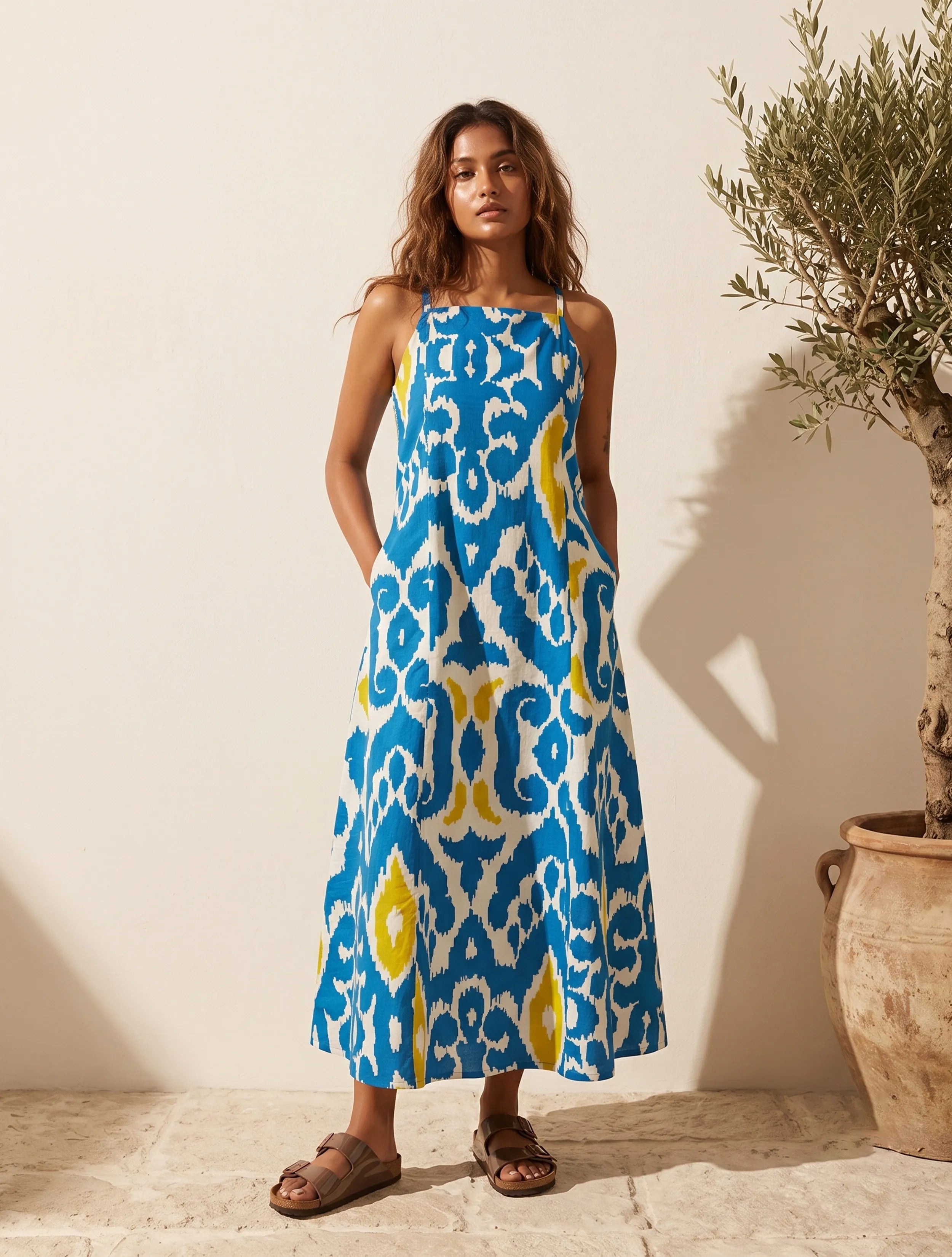trueBrowns Blue Ikat Print Cotton Strappy Maxi Dress