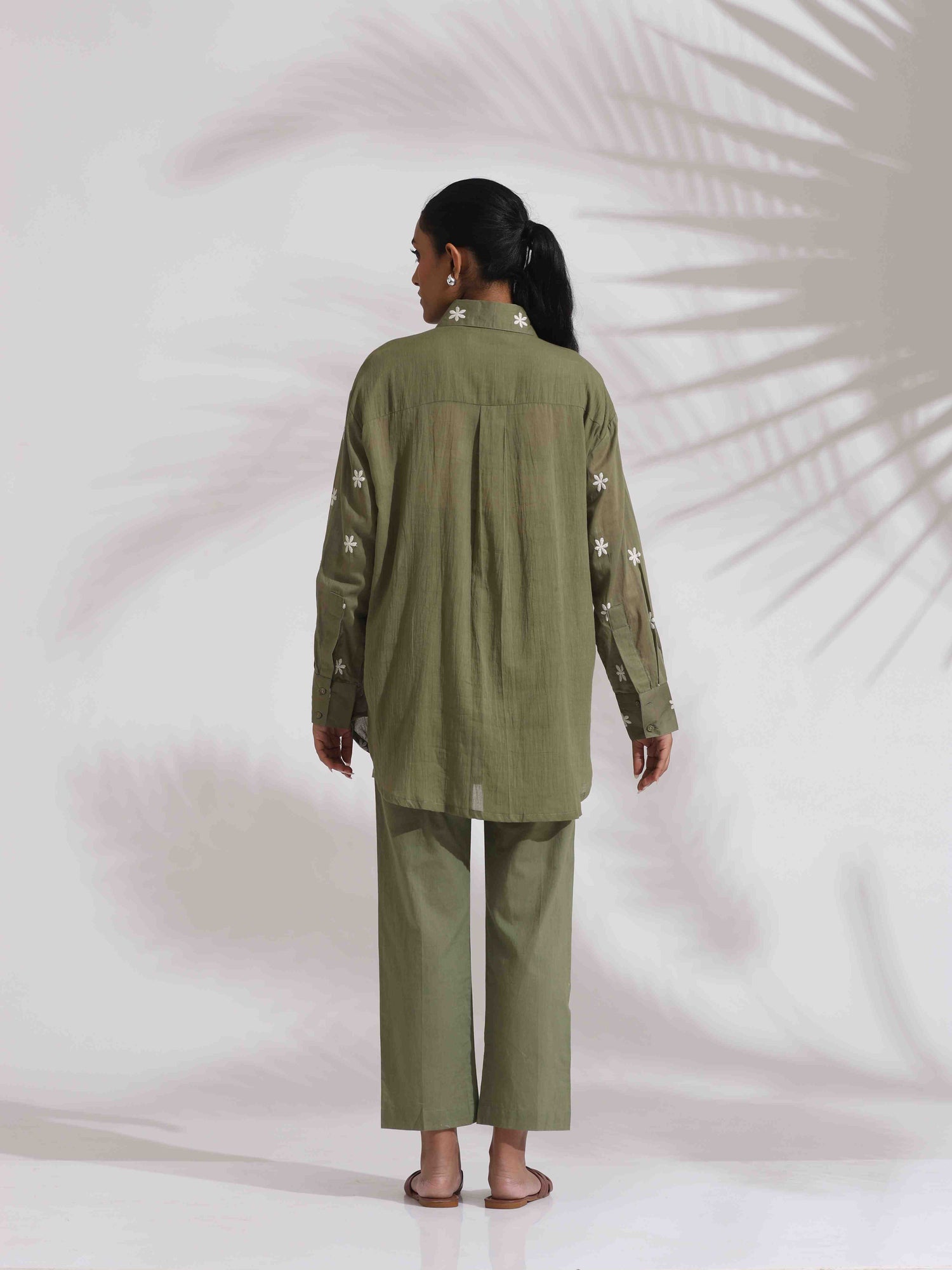 trueBrowns Olive Green Cotton Floral Embroidered Co-ord Set