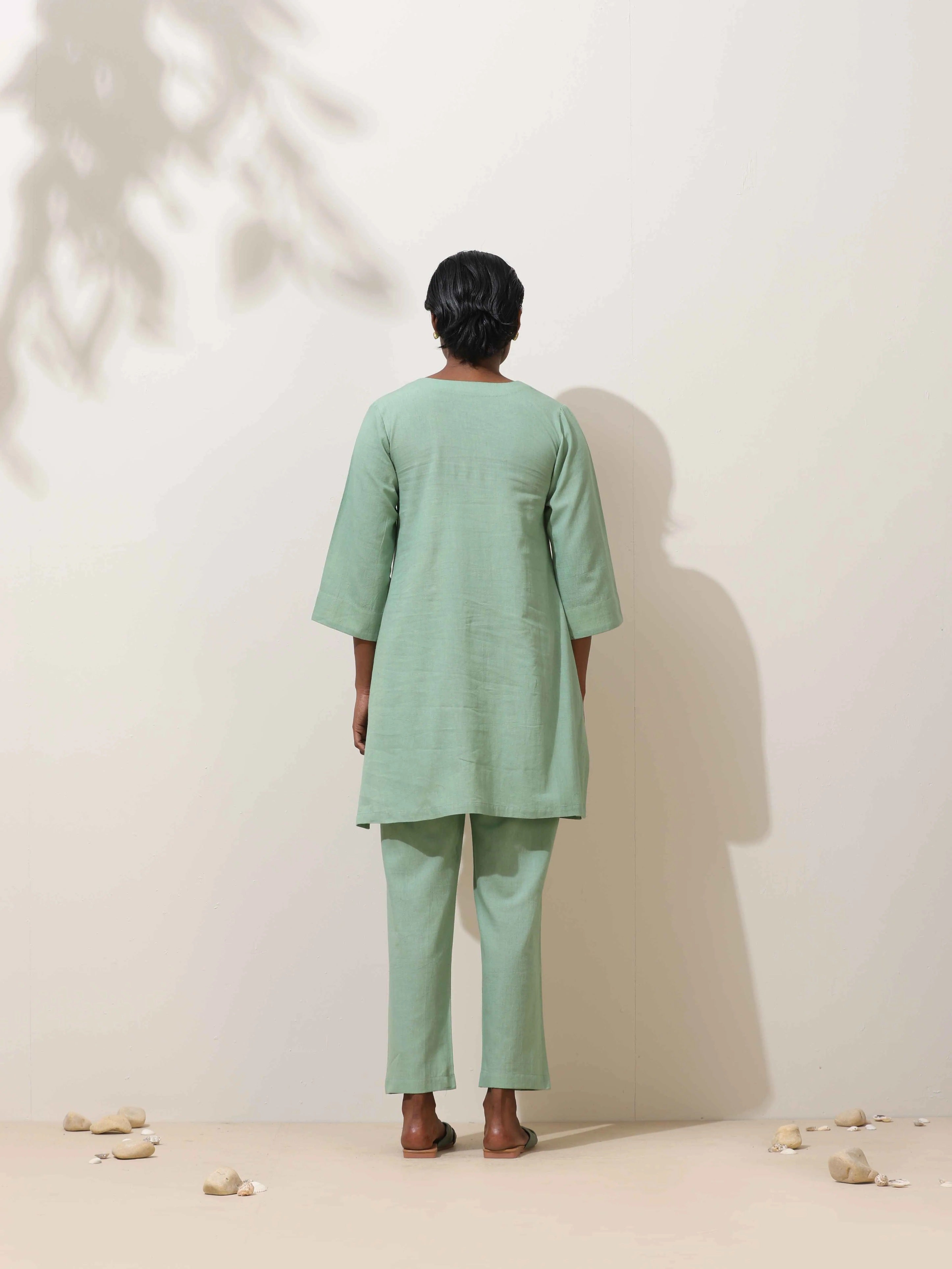 trueBrowns Mint Green Cotton Linen Kurta Co-Ord Set
