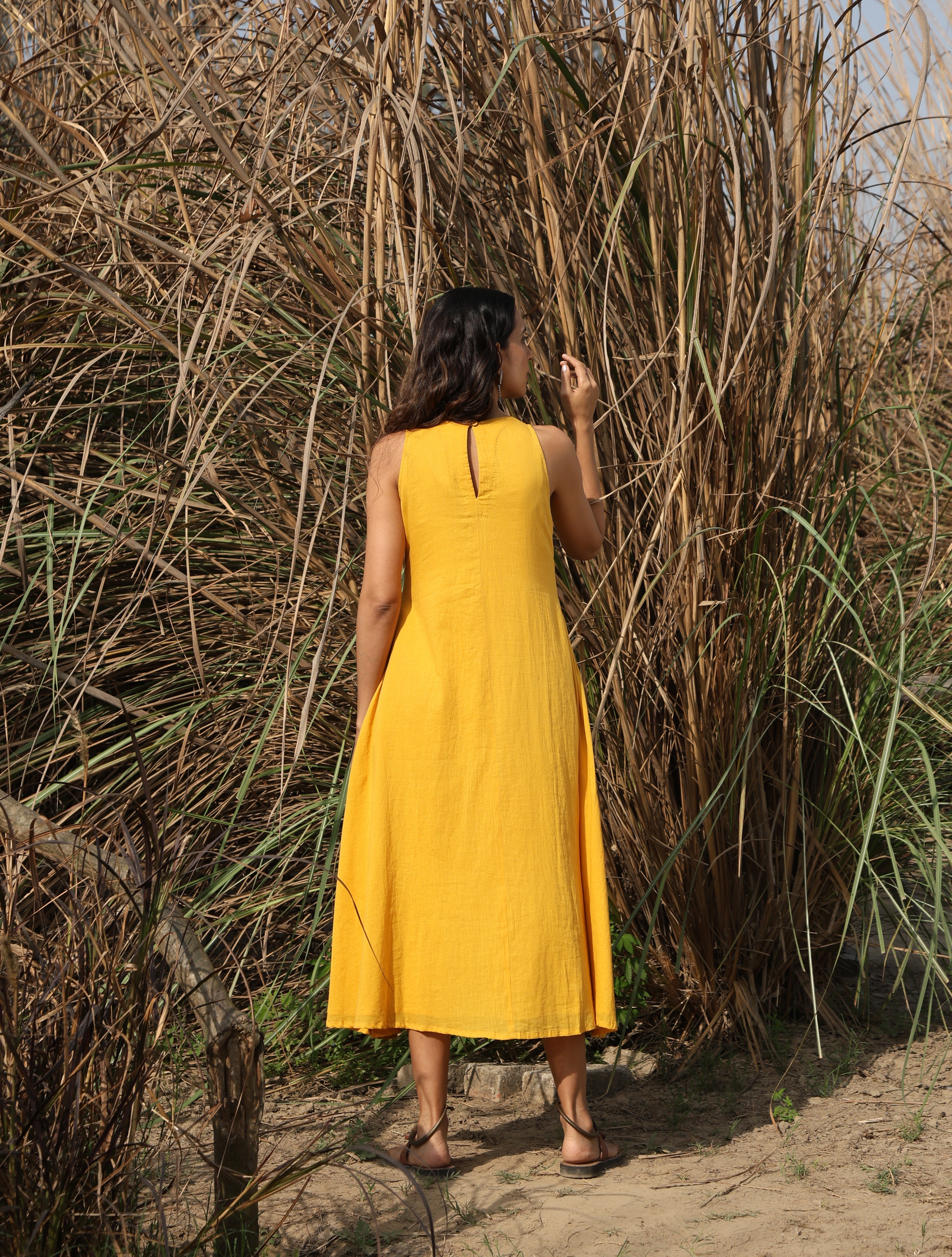 trueBrowns Mustard Cotton Embroidered Flared Dress