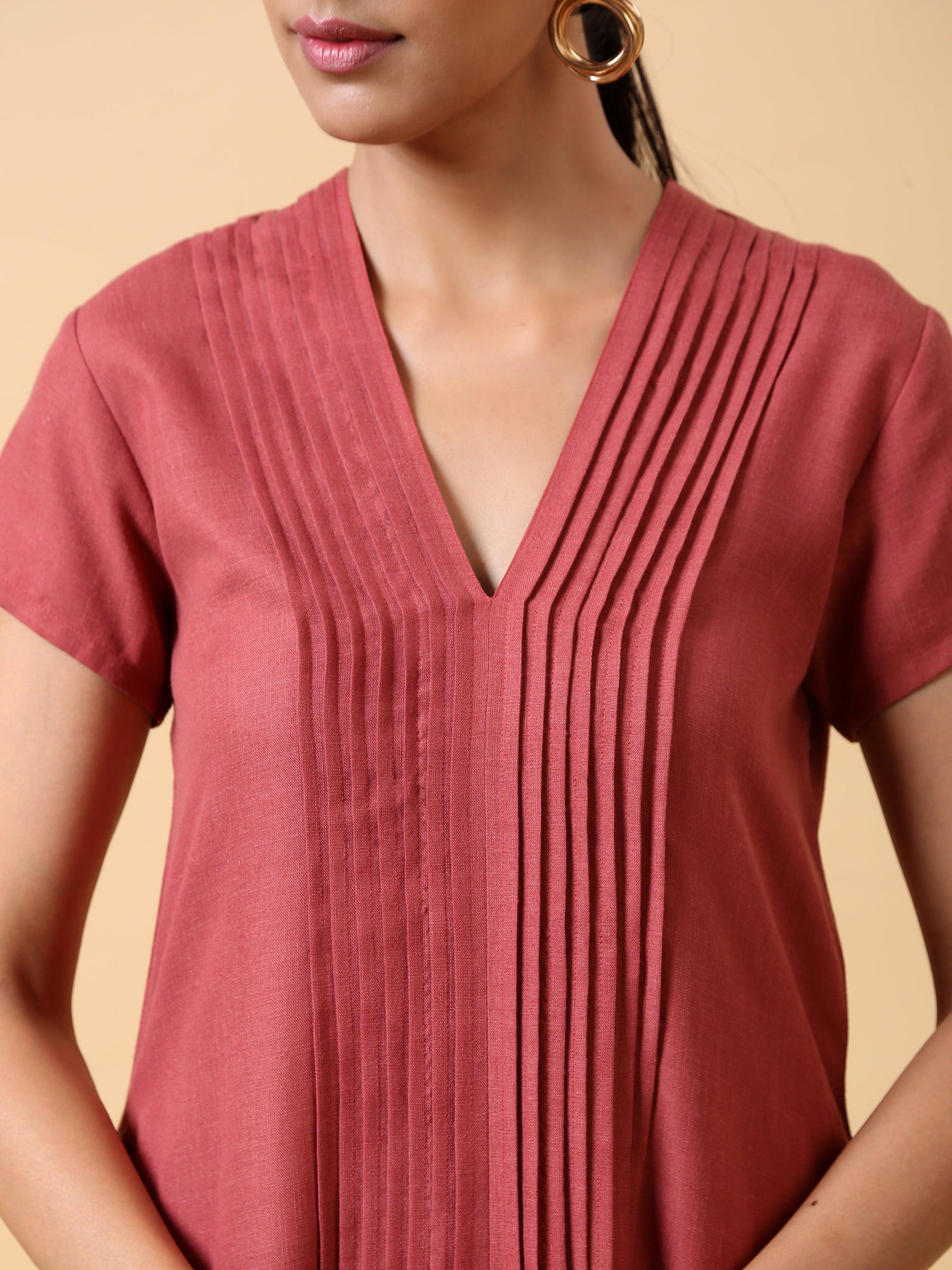 Cotton Linen Rust Red Pleated Dress - trueBrowns
