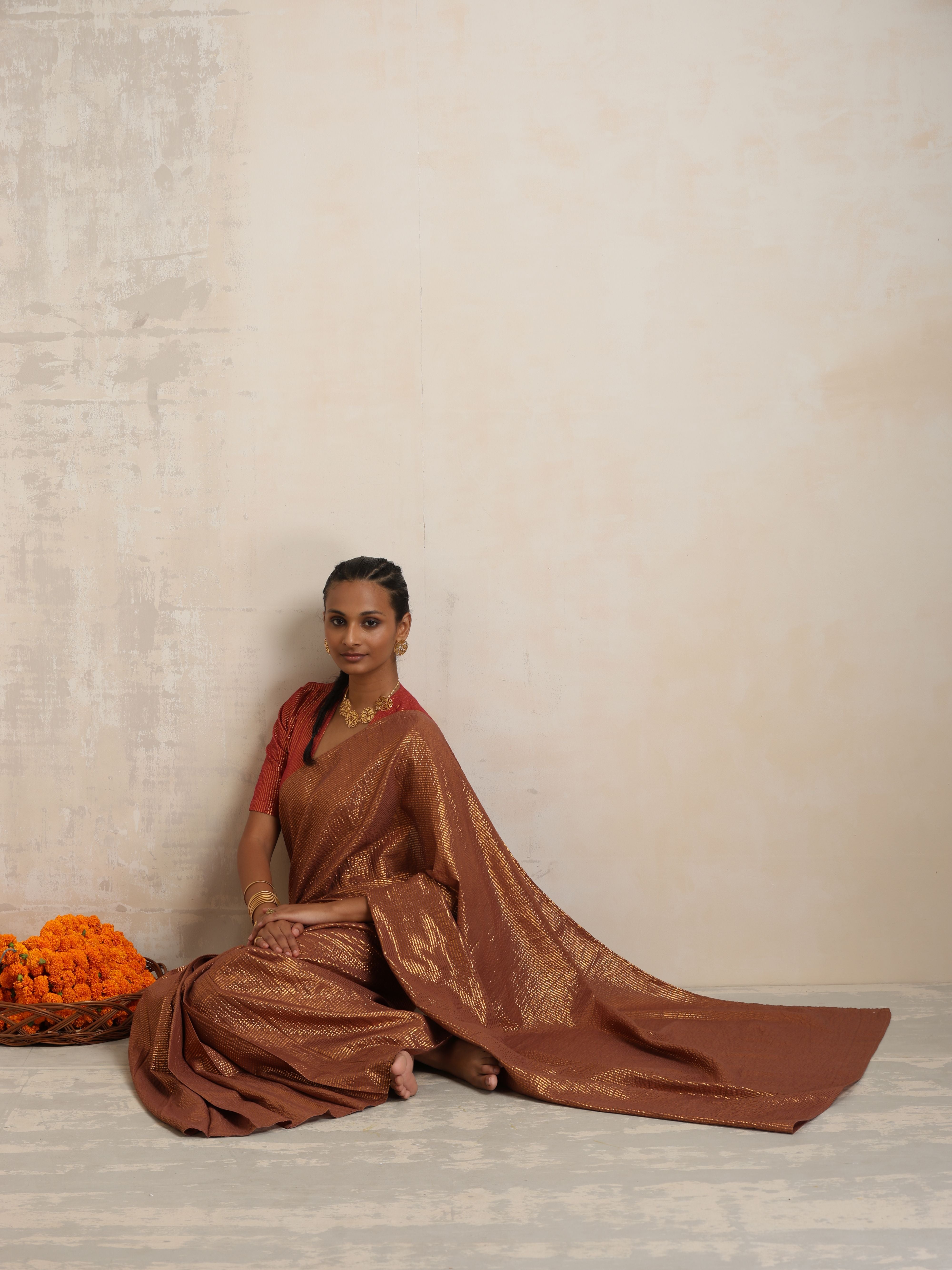 trueBrowns Brown Gold Lurex Ready To Wear Saree