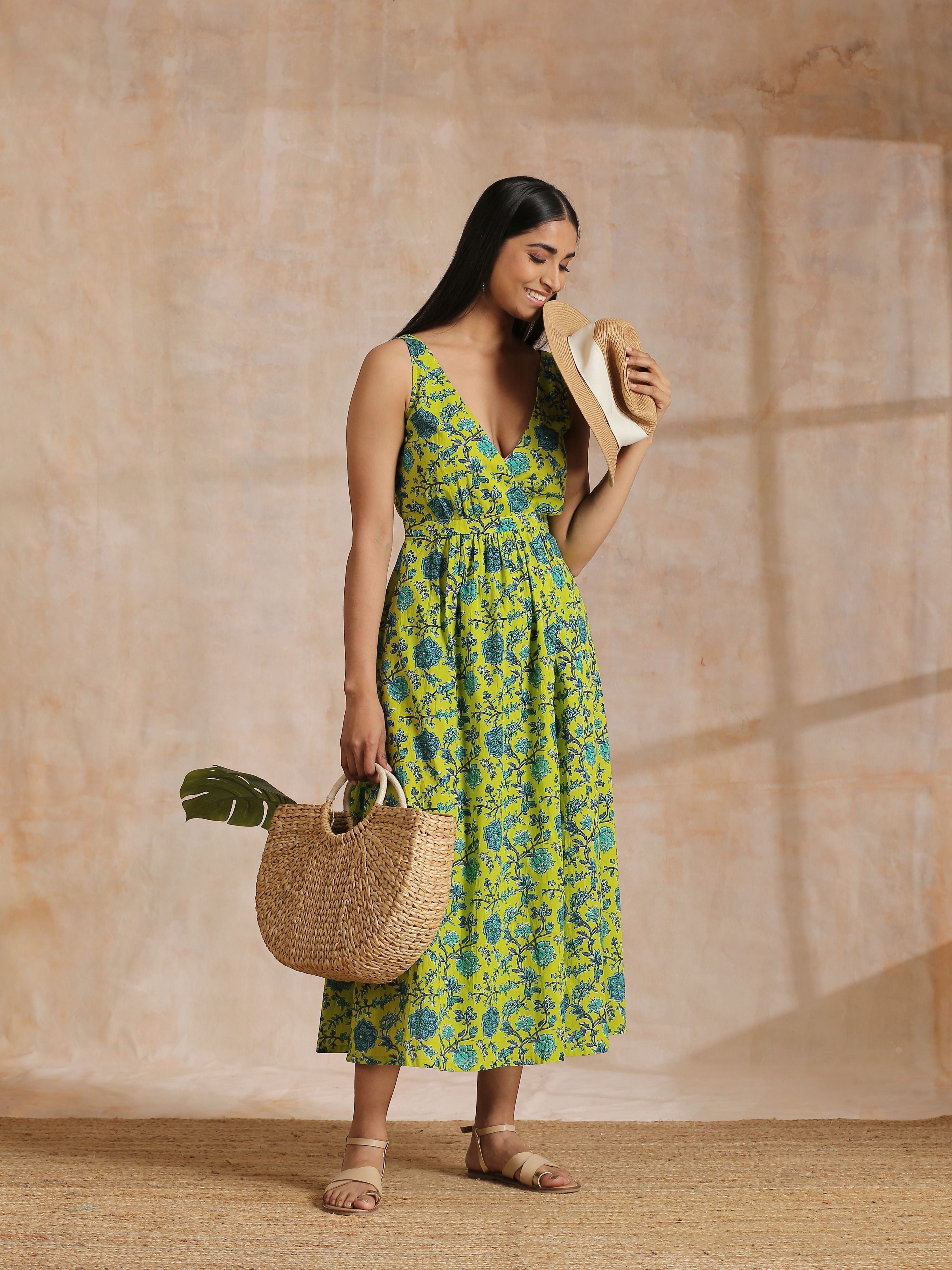 Lime Green Overall Teal Floral Block Print Cotton Sleeveless Wrap Dres Lime Green Overall Teal Floral Block Print Cotton Sleeveless Wrap Dres