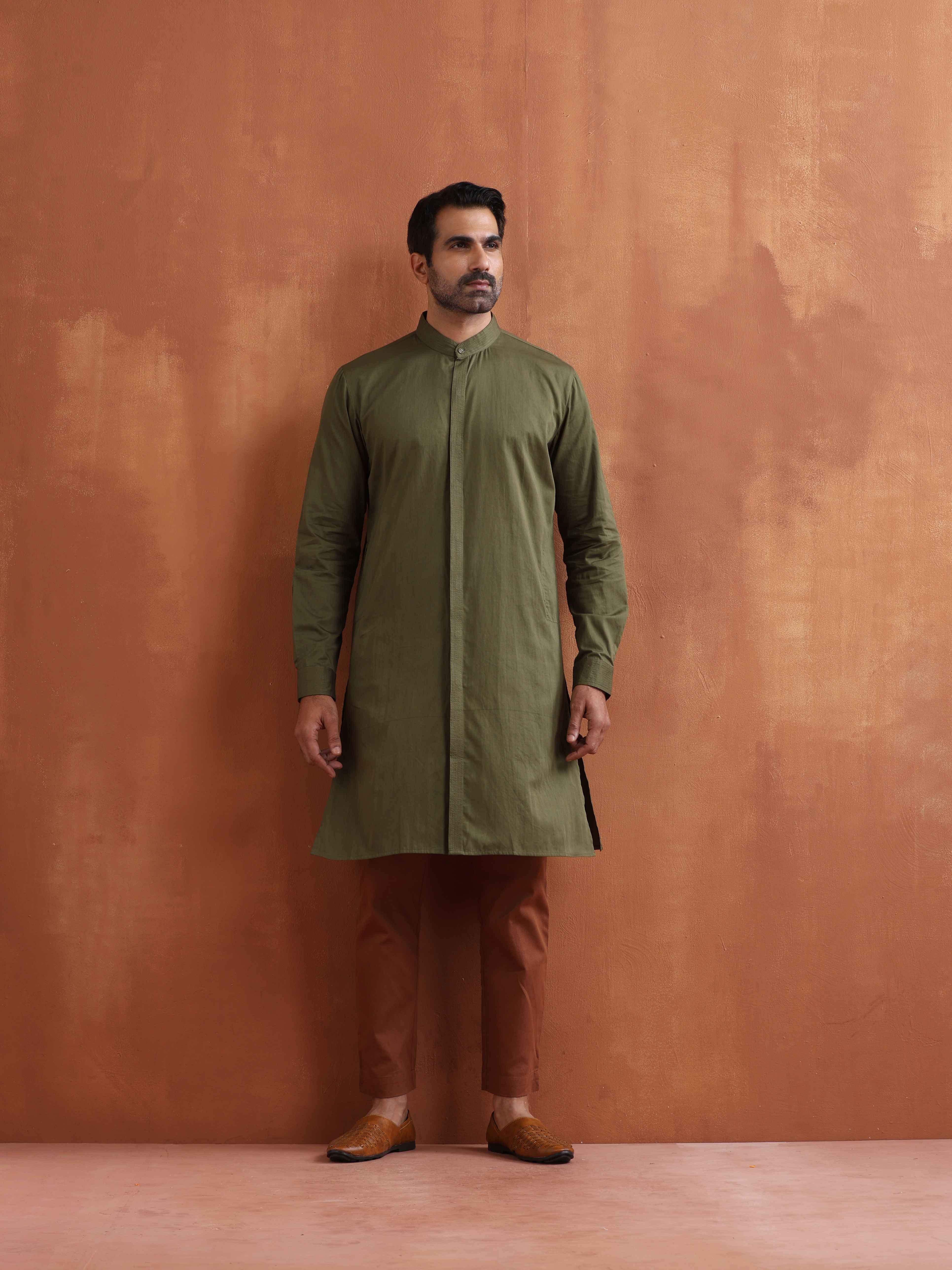 trueBrowns Men's Olive Green Cotton Front Open Kurta
