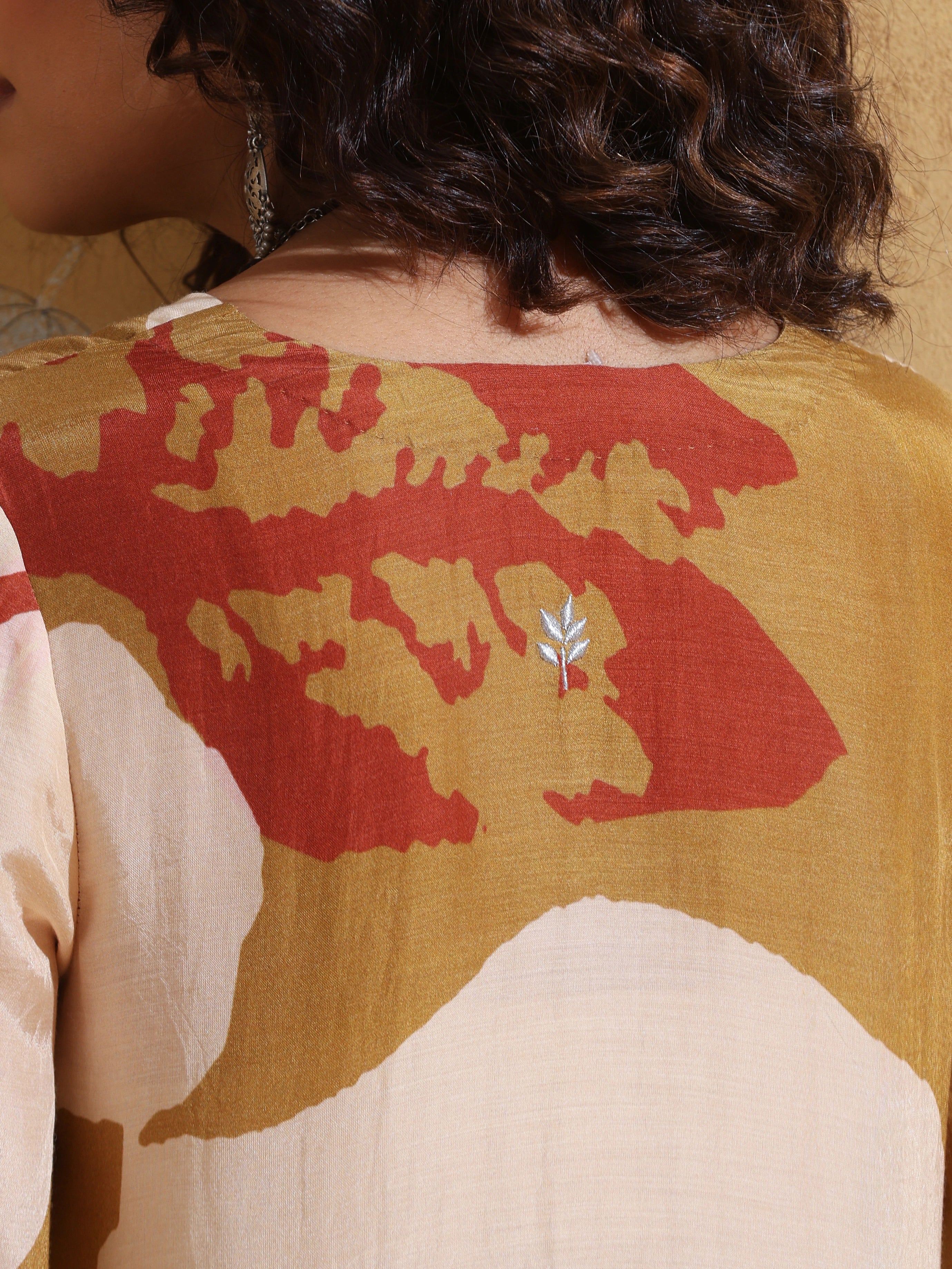 trueBrowns Mustard Rust Red Floral Print Muslin Silk Fit And Flared Kurta Set