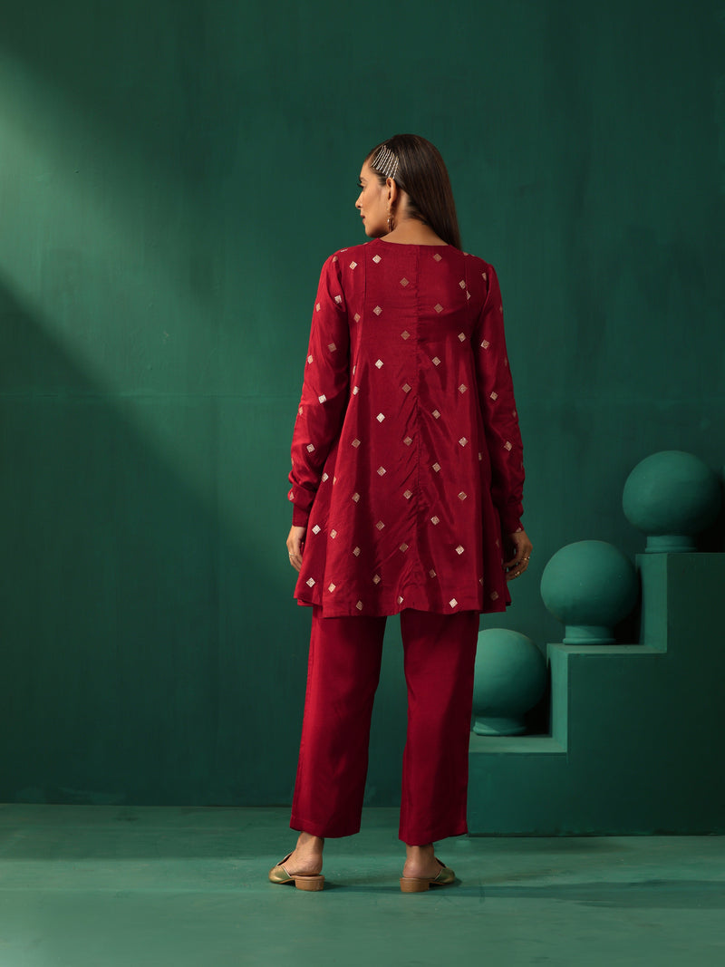 trueBrowns Maroon Diamond Viscose Silk Co-ord Set