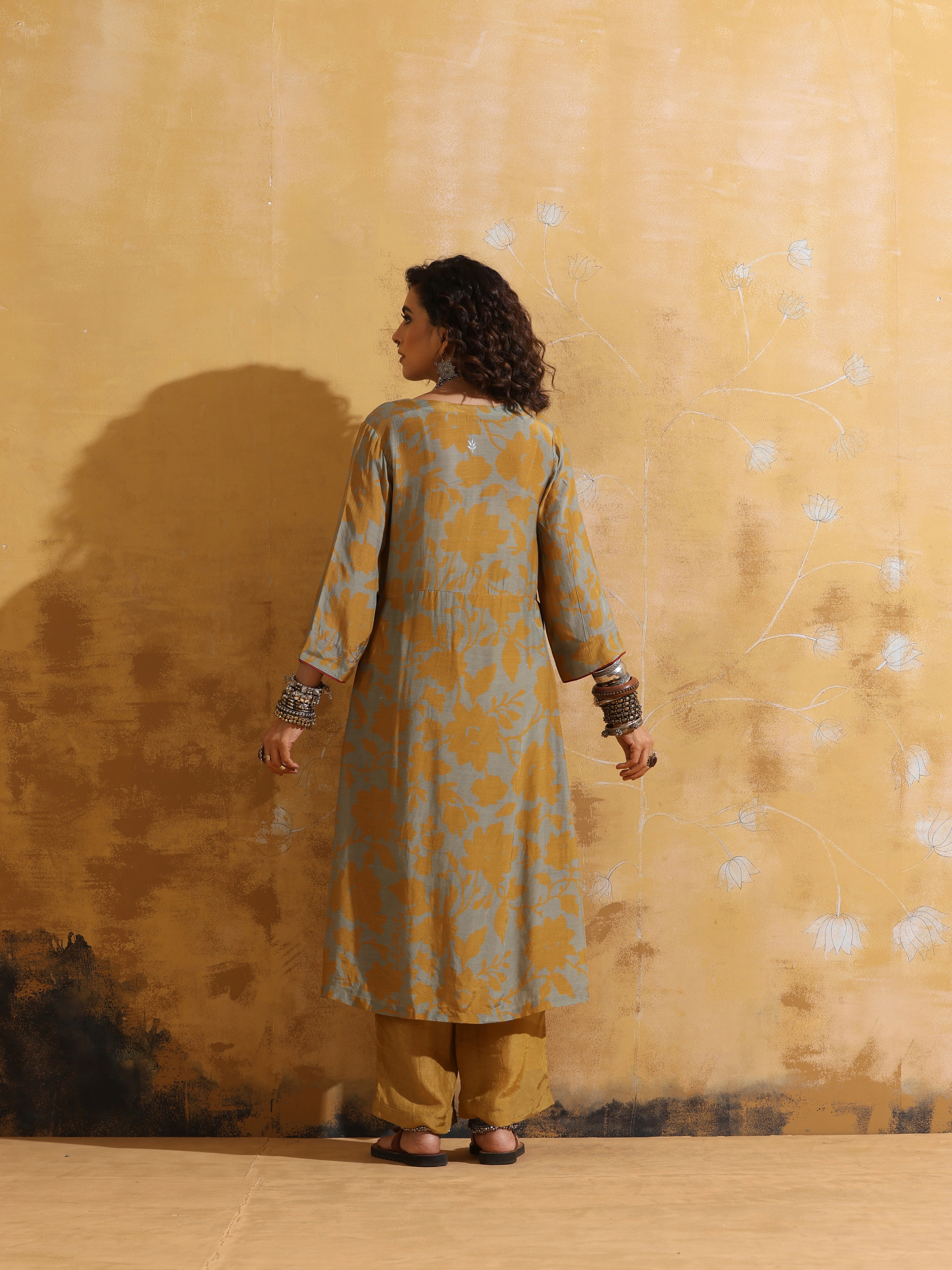 trueBrowns Mustard Jaal Print Muslin Silk High-Slit Fit and Flared Kurta Set
