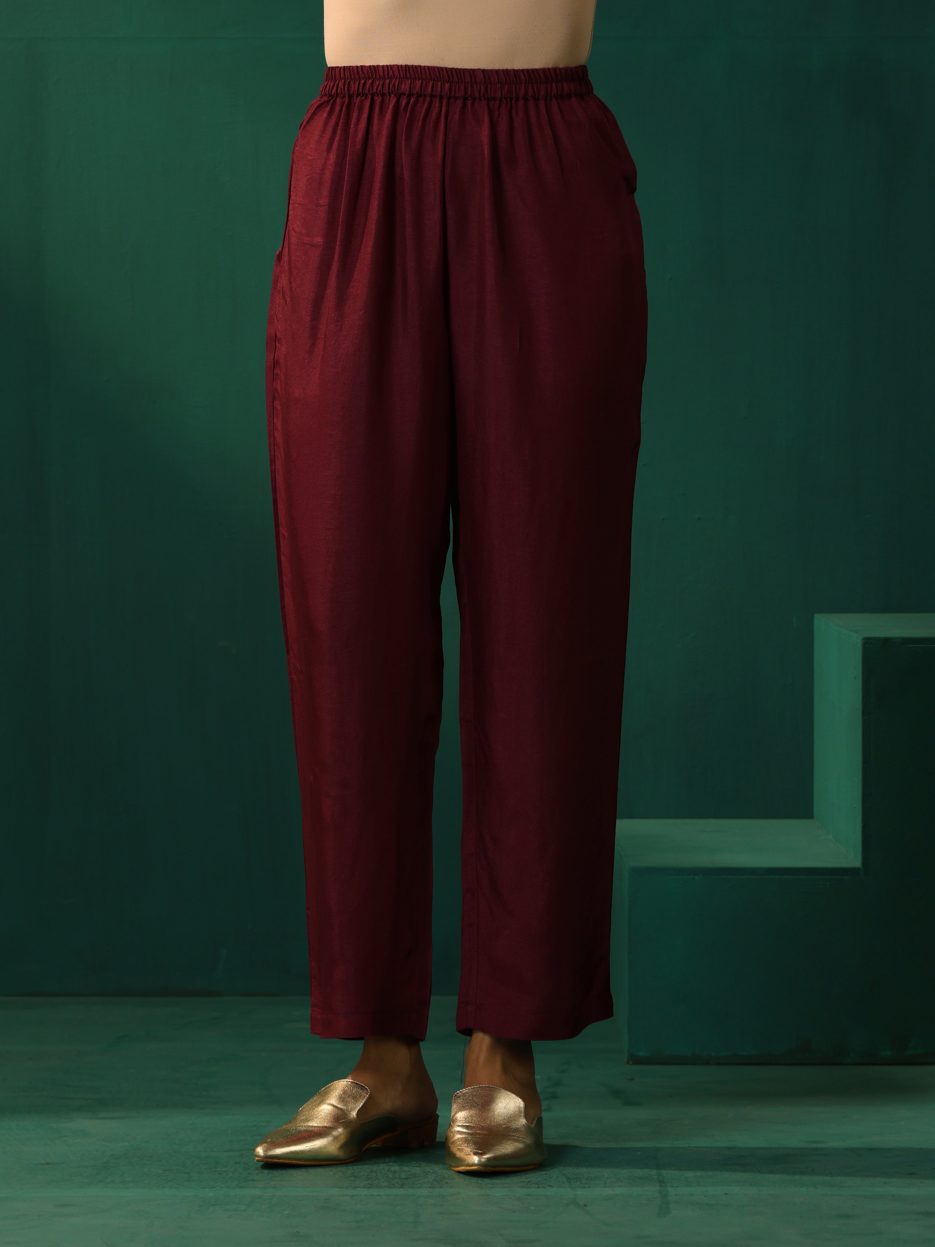 trueBrowns Wine Geometric Viscose Silk Kurta Pant Set