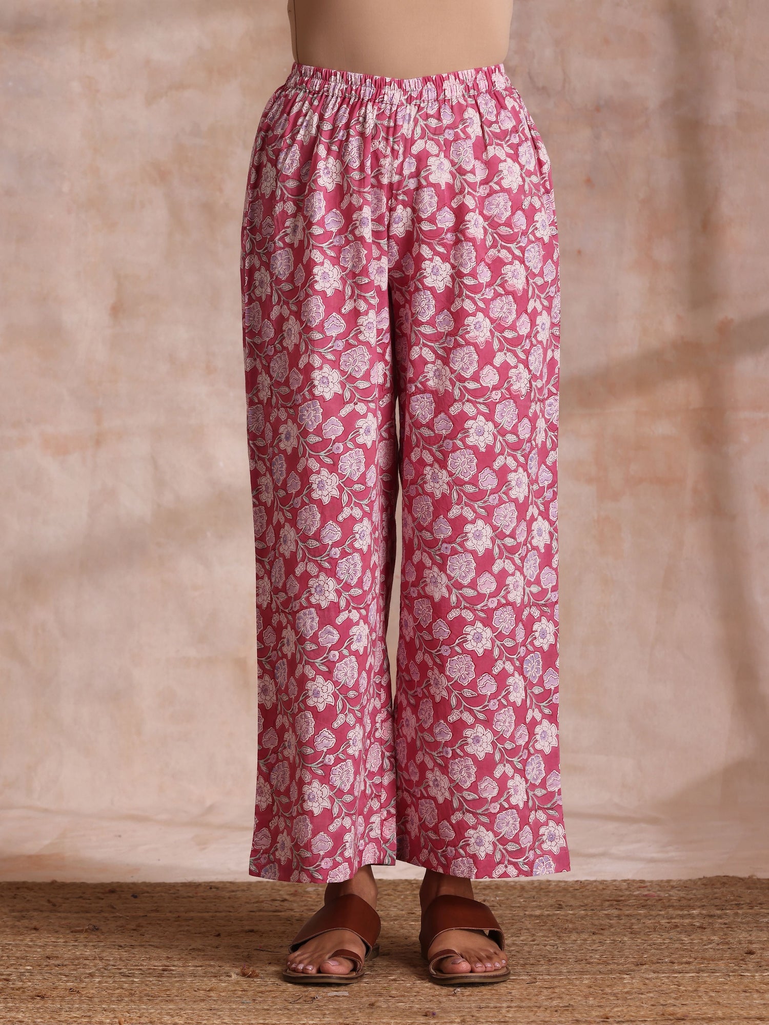 Pink Green Floral On White Block Print Cotton Slit Kurta Pant Set
