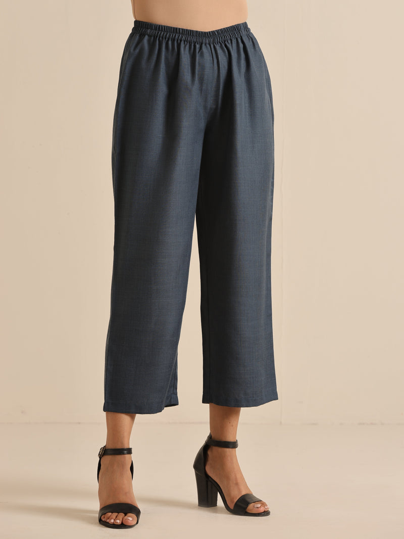 Light Blue Slub Gathered Kurta Pant Set
