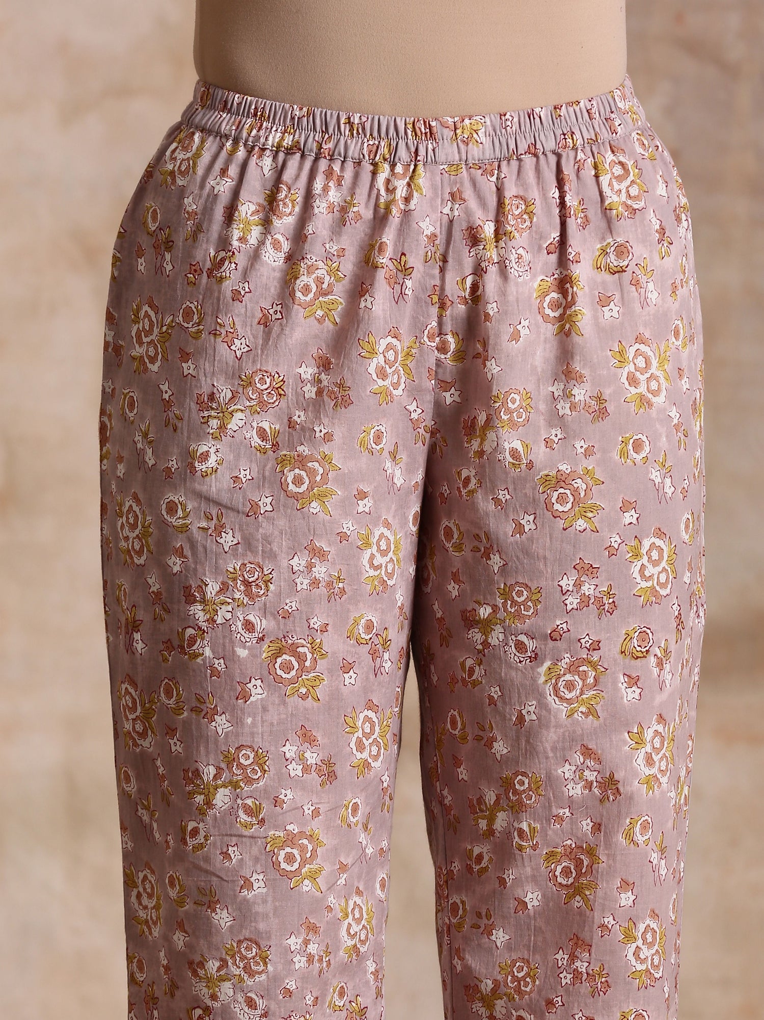 Grey Overall Floral Block Print Cotton Flared Slit Kurta Pant Set