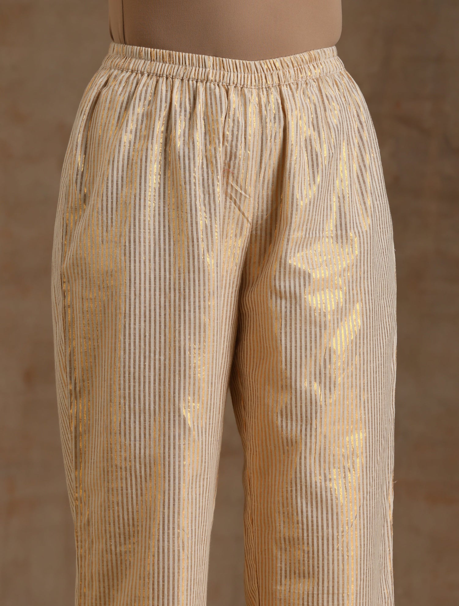 Ivory Gold Cotton Neck Pleat Kurta Set