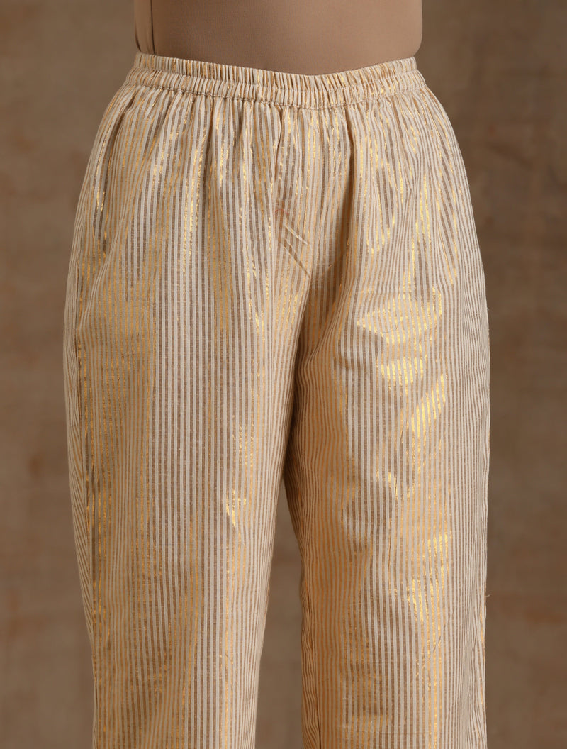 Ivory Gold Cotton Neck Pleat Kurta Set