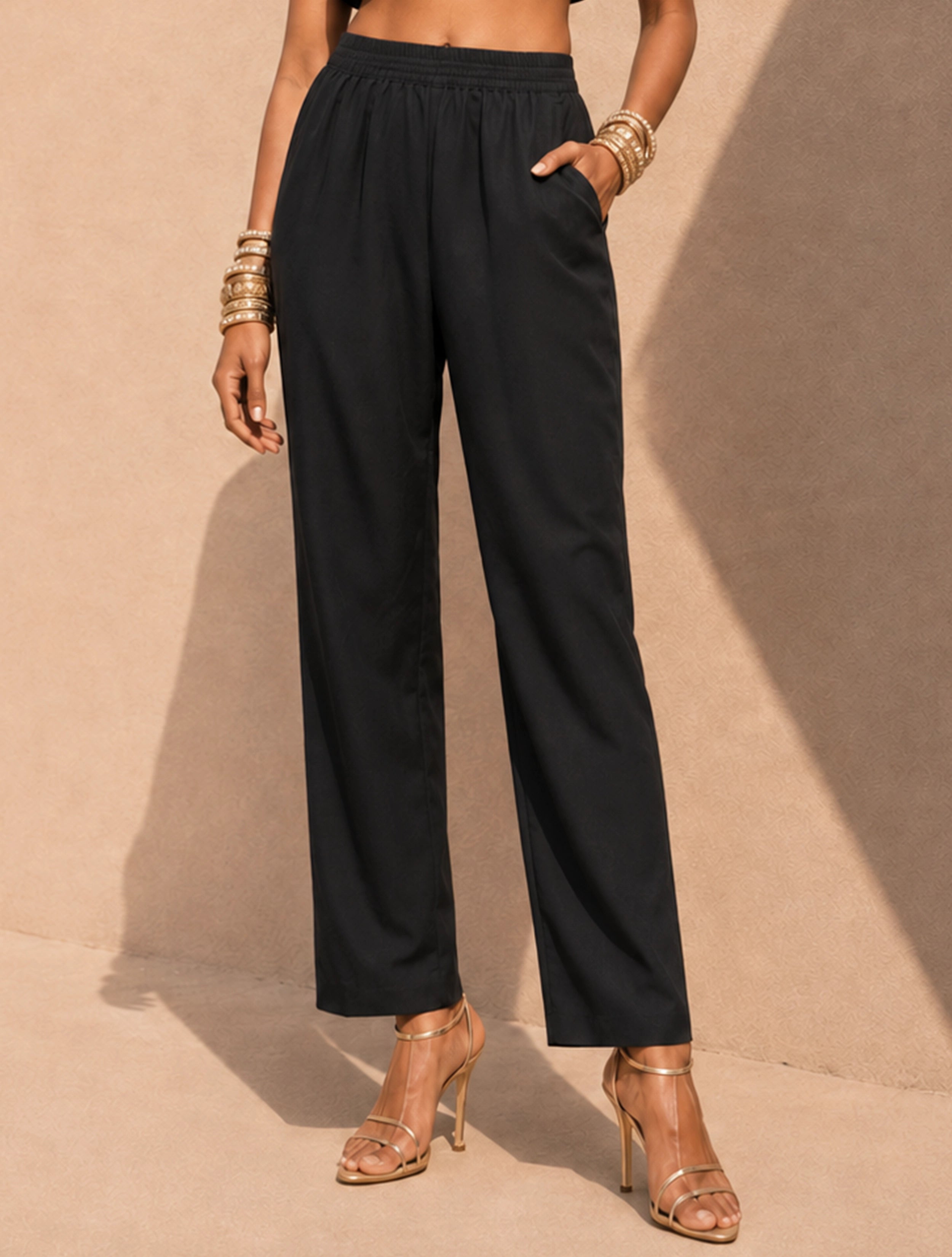 trueBrowns Black Solid Viscose Sleeveless Co-Ord Set