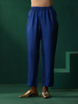 trueBrowns Royal Blue Floral Viscose Silk Angrakha Kurta Pant Set