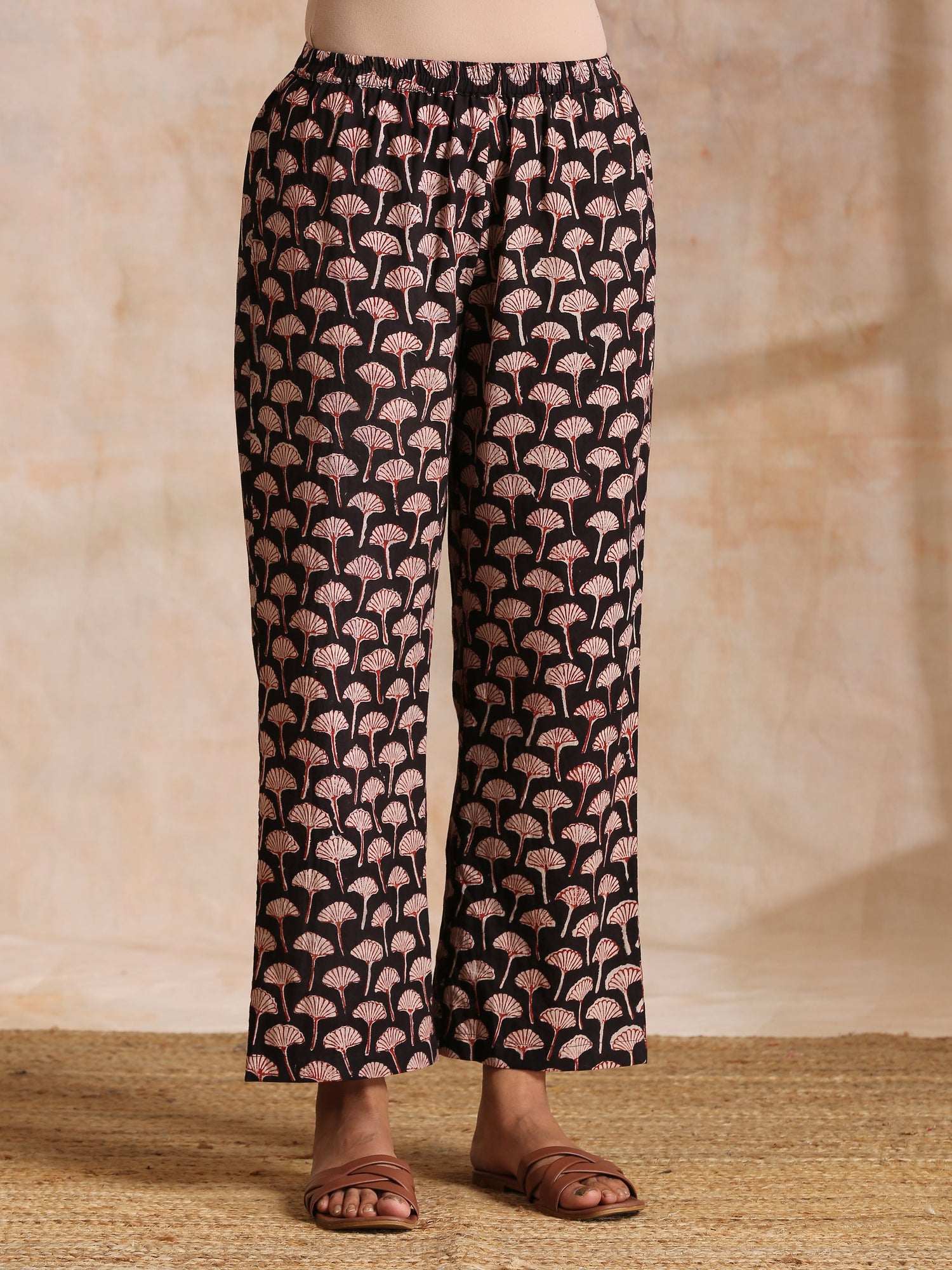Rust Red Bagru Floral Print Cotton Panel Kaftan Kurta Pant Set