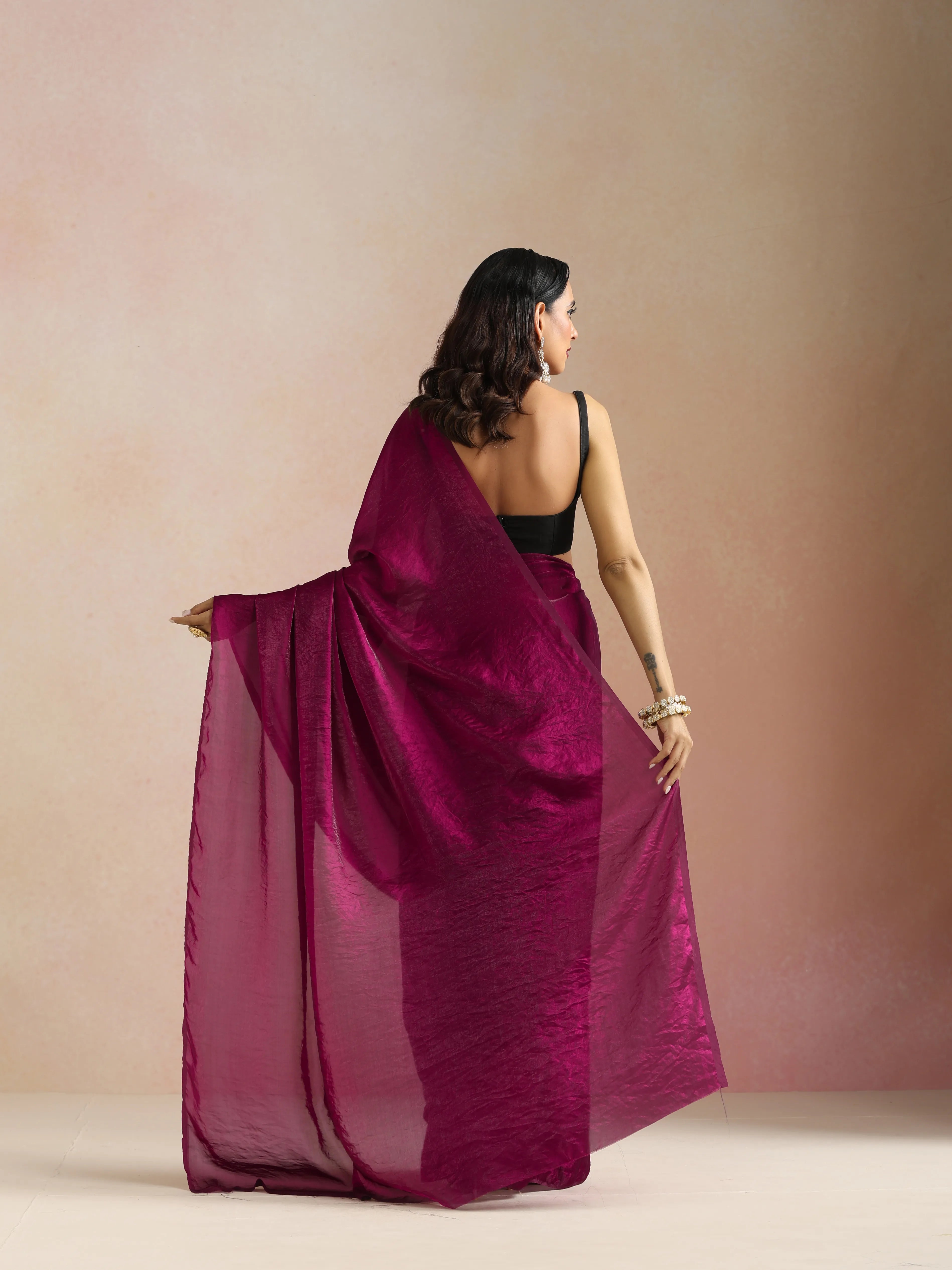 trueBrowns Wine Tissue Saree With Unstitched Blouse