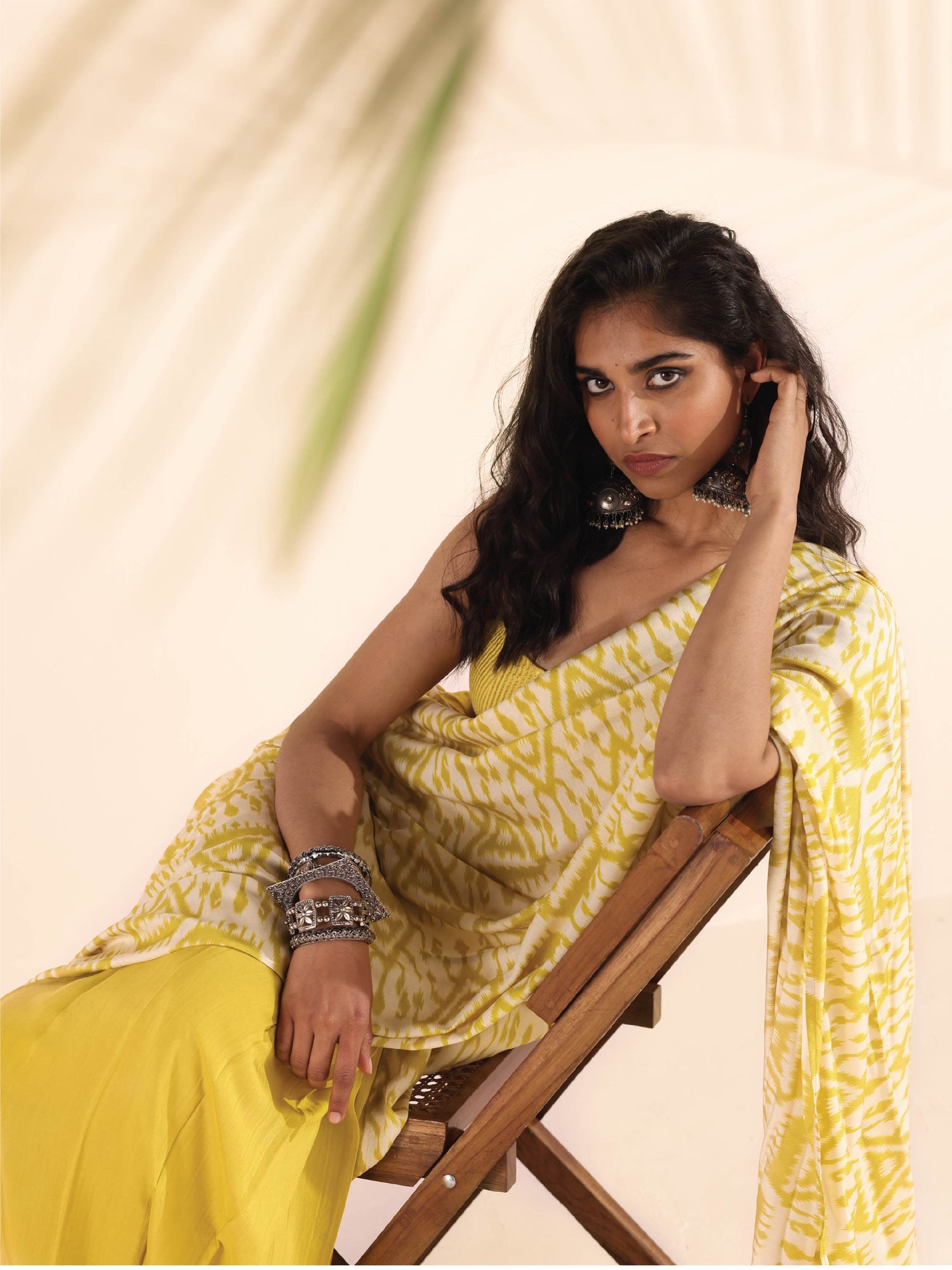 trueBrowns Lime Muslin Ikat Saree