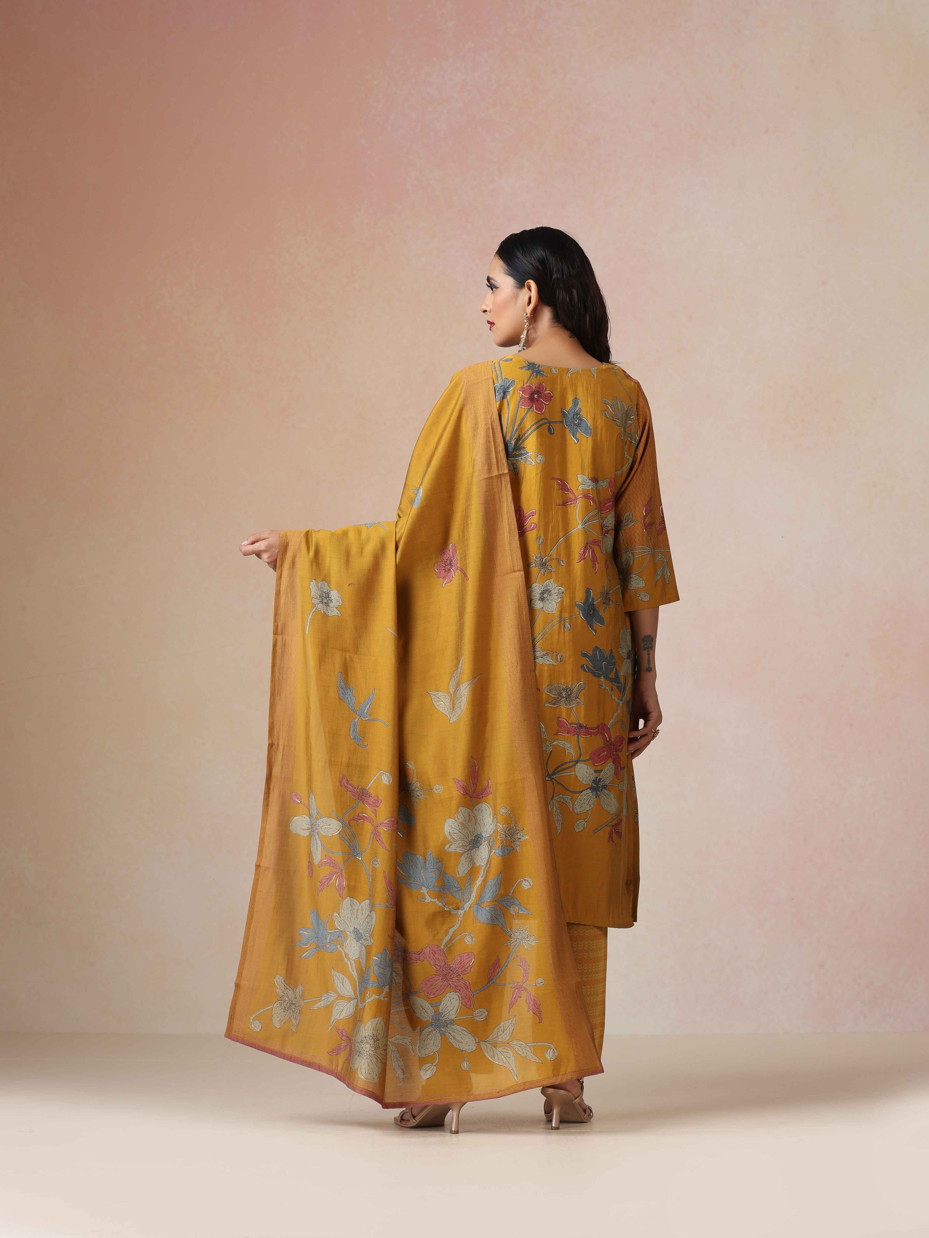 trueBrowns Yellow Embroidered Straight Kurta 3pc Set