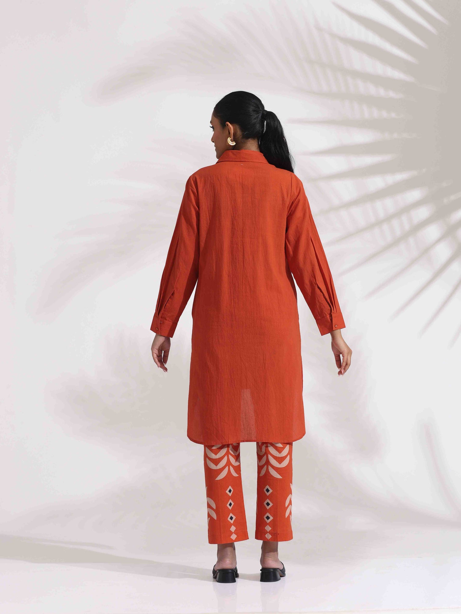 trueBrowns Orange Cotton Solid Shirt Kurta Co-ord Set
