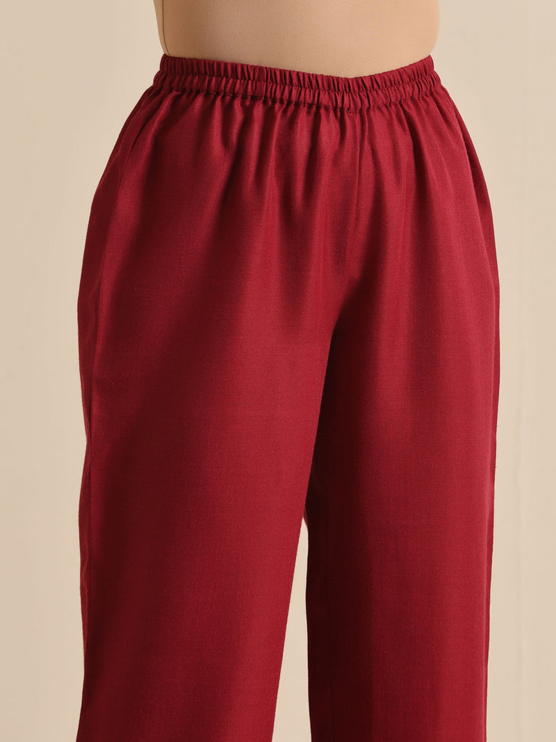Maroon Slub Gathered Kurta Pant Set