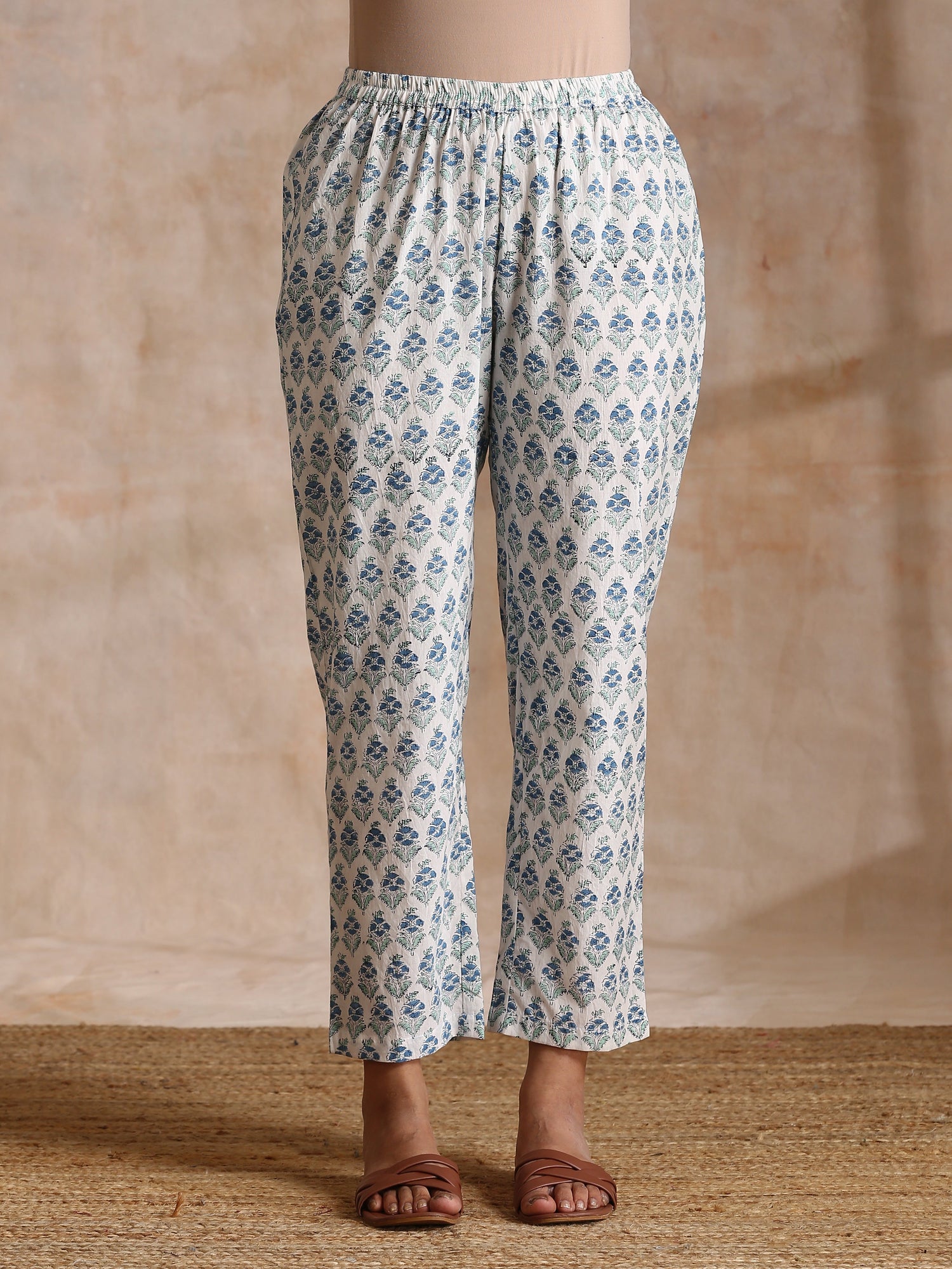 White With Blue Green Buta Print Cotton Flared Kurta Pant Set