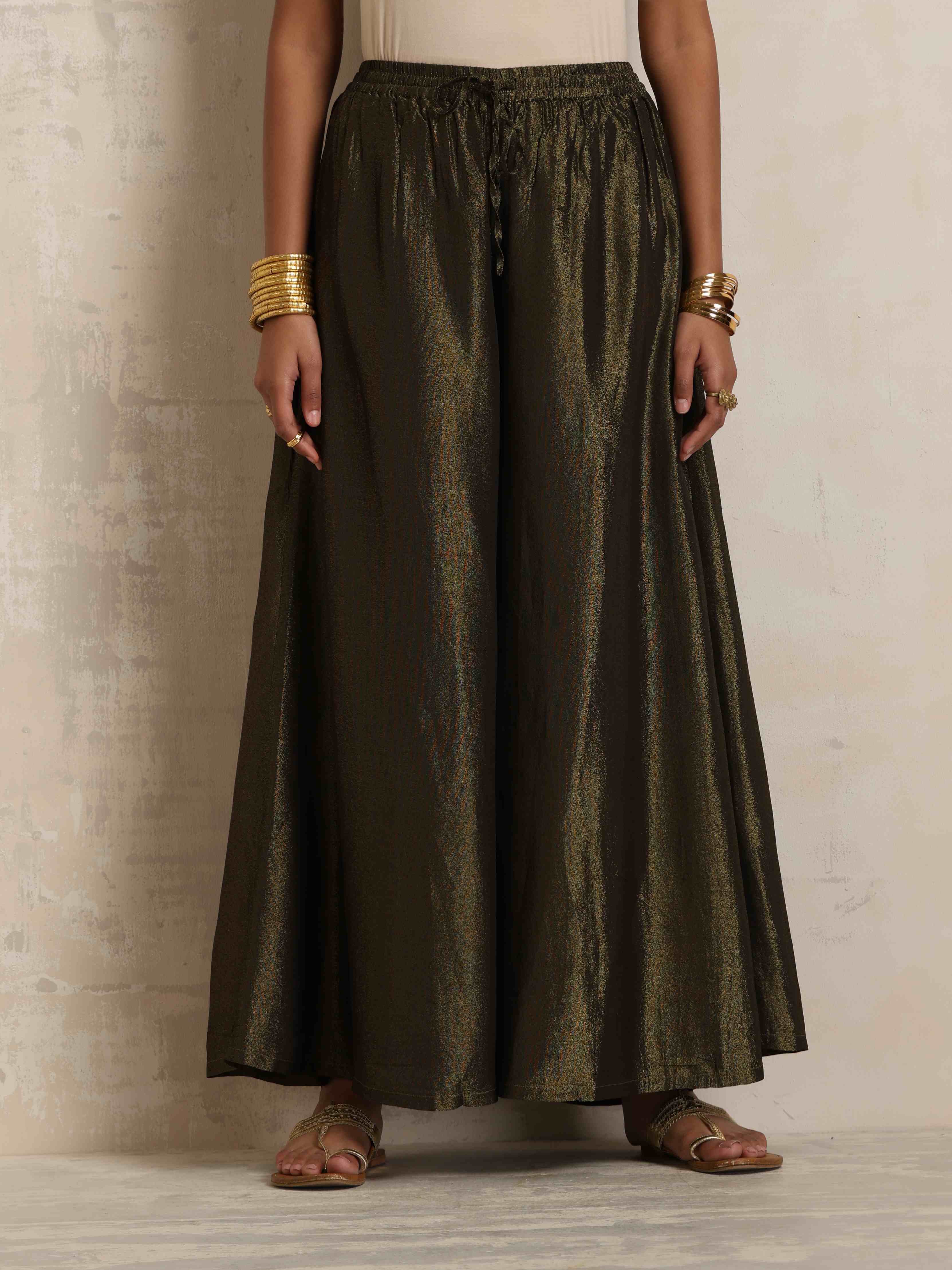 trueBrowns Olive Green Tissue Sharara Set