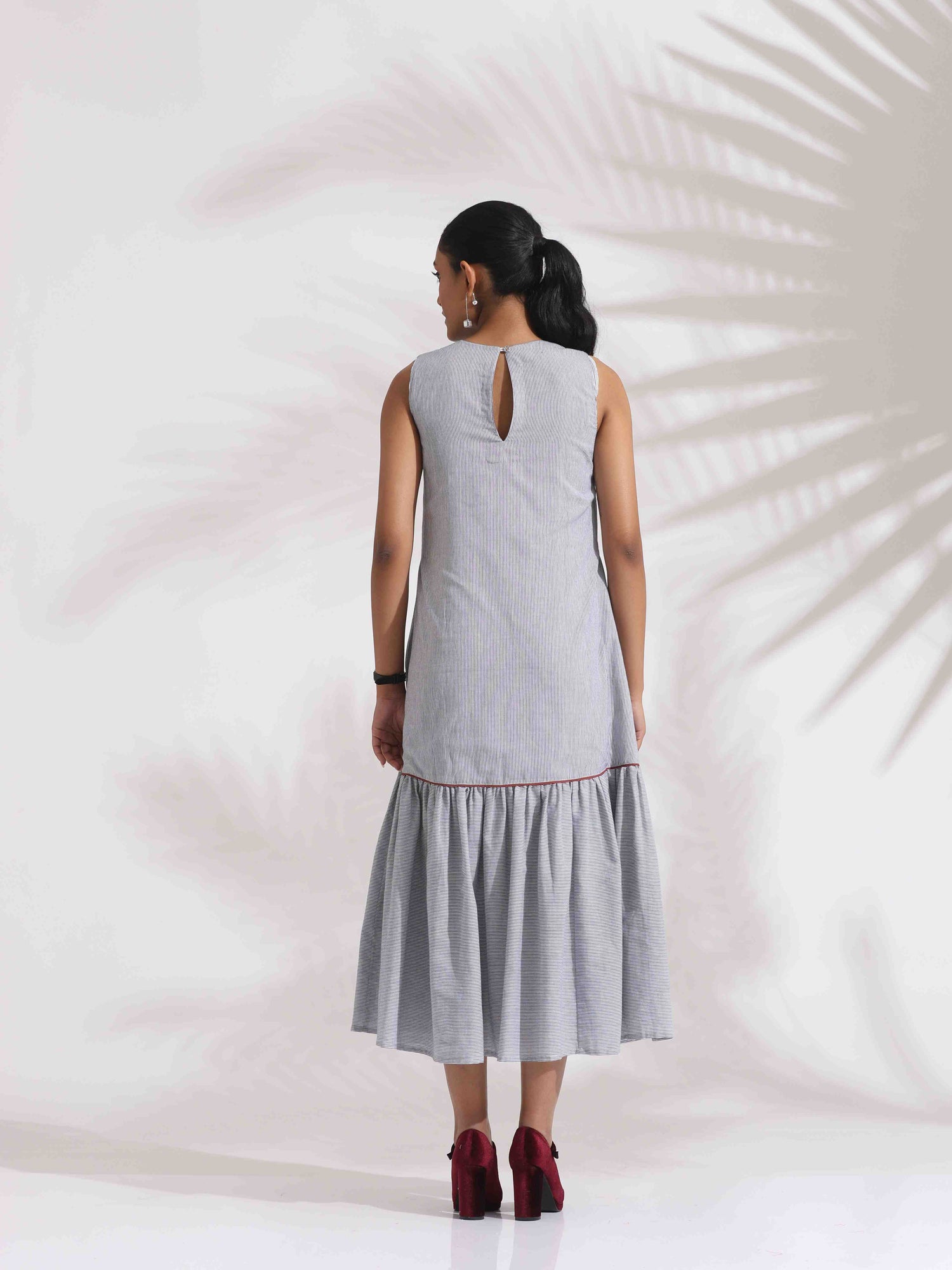 trueBrown Grey Cotton Stripe Tier Dress