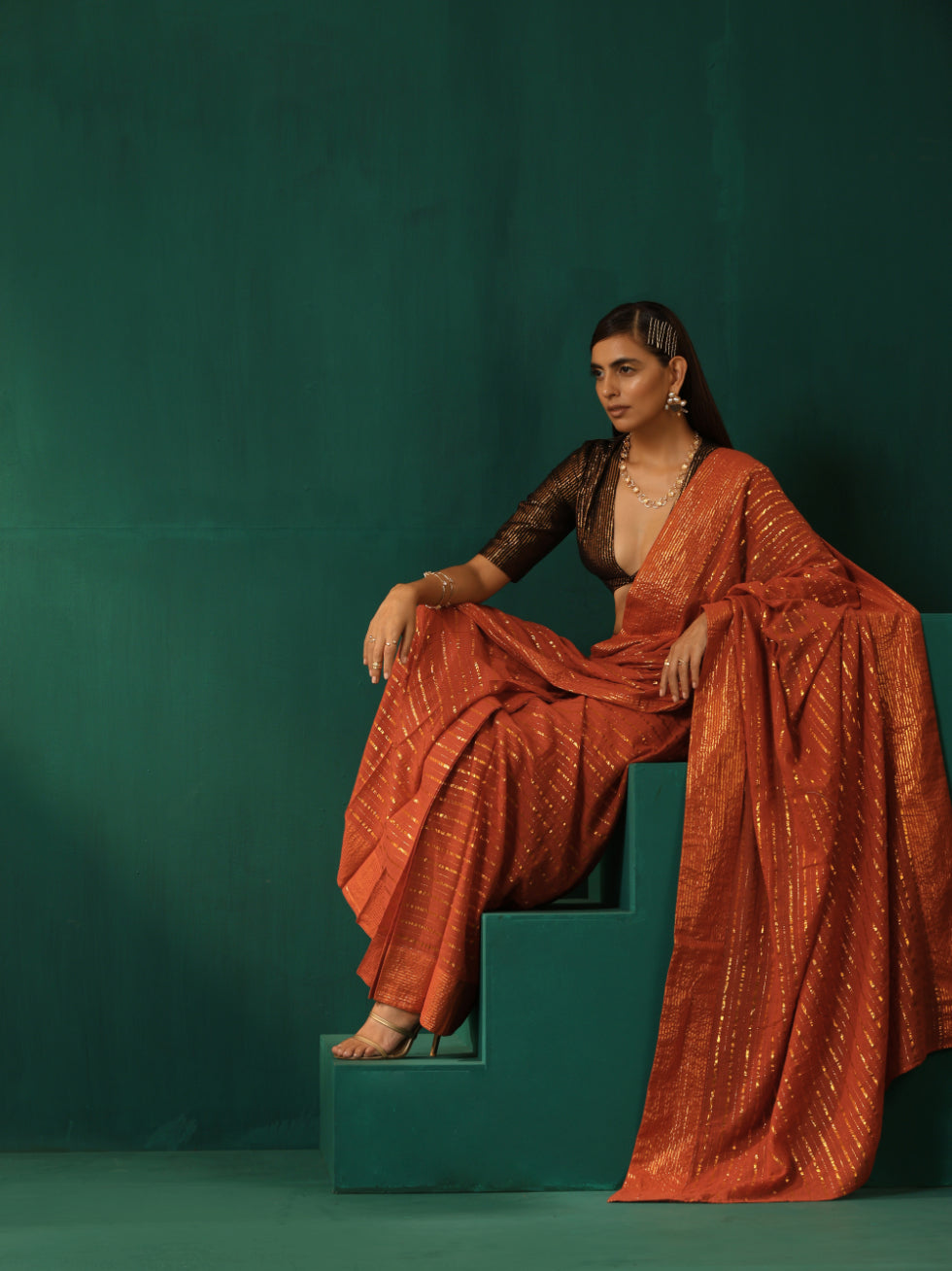 trueBrowns Rust Cotton Gold Striped Saree With Unstitched Blouse