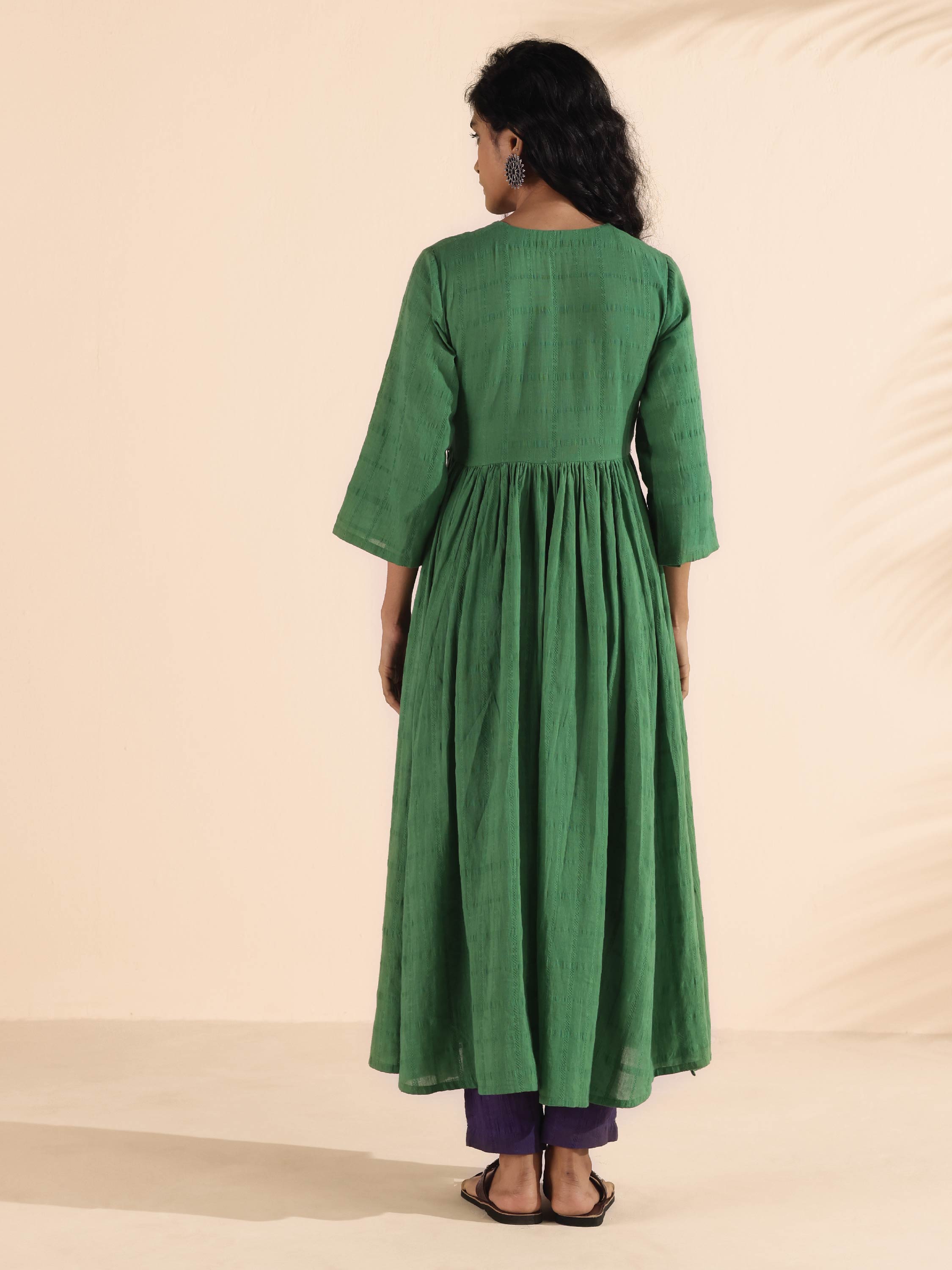 trueBrowns Green Cotton Dobby Flared Kurta Pant Set