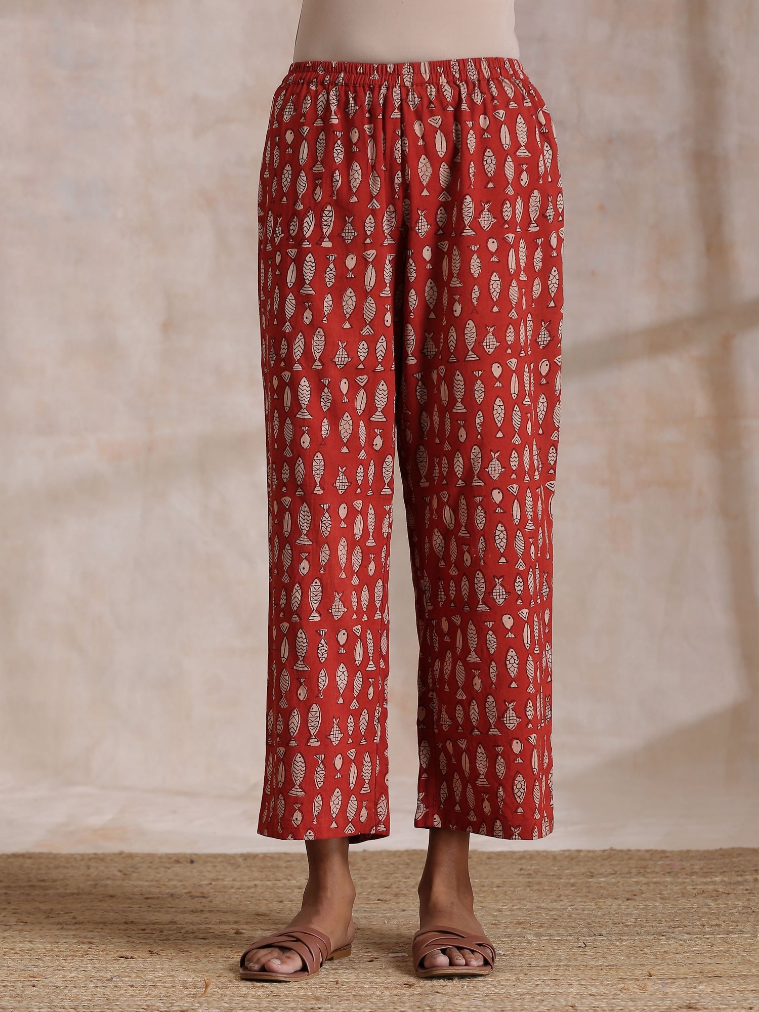 Rust Red Bagru Fish Print Cotton Gathers Co-Ord Set