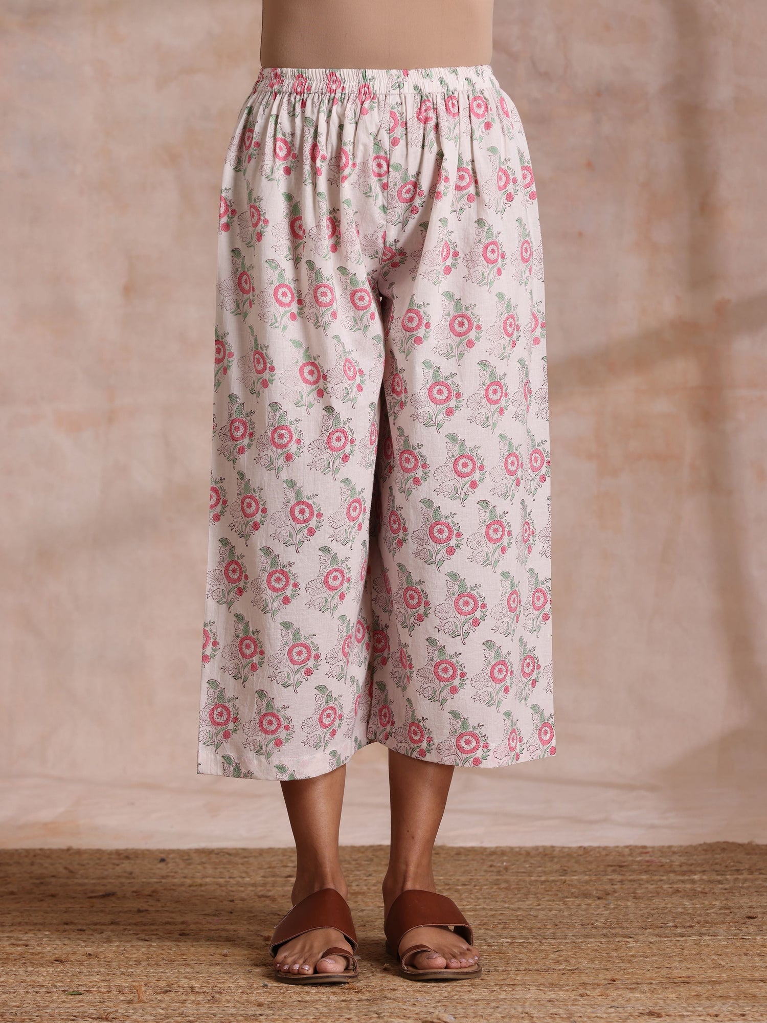 Pink Green Buta On White Block Print Cotton High-Low Co-Ord Set