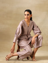 Grey Textured Silk Neck Pleat Co-Ord Set