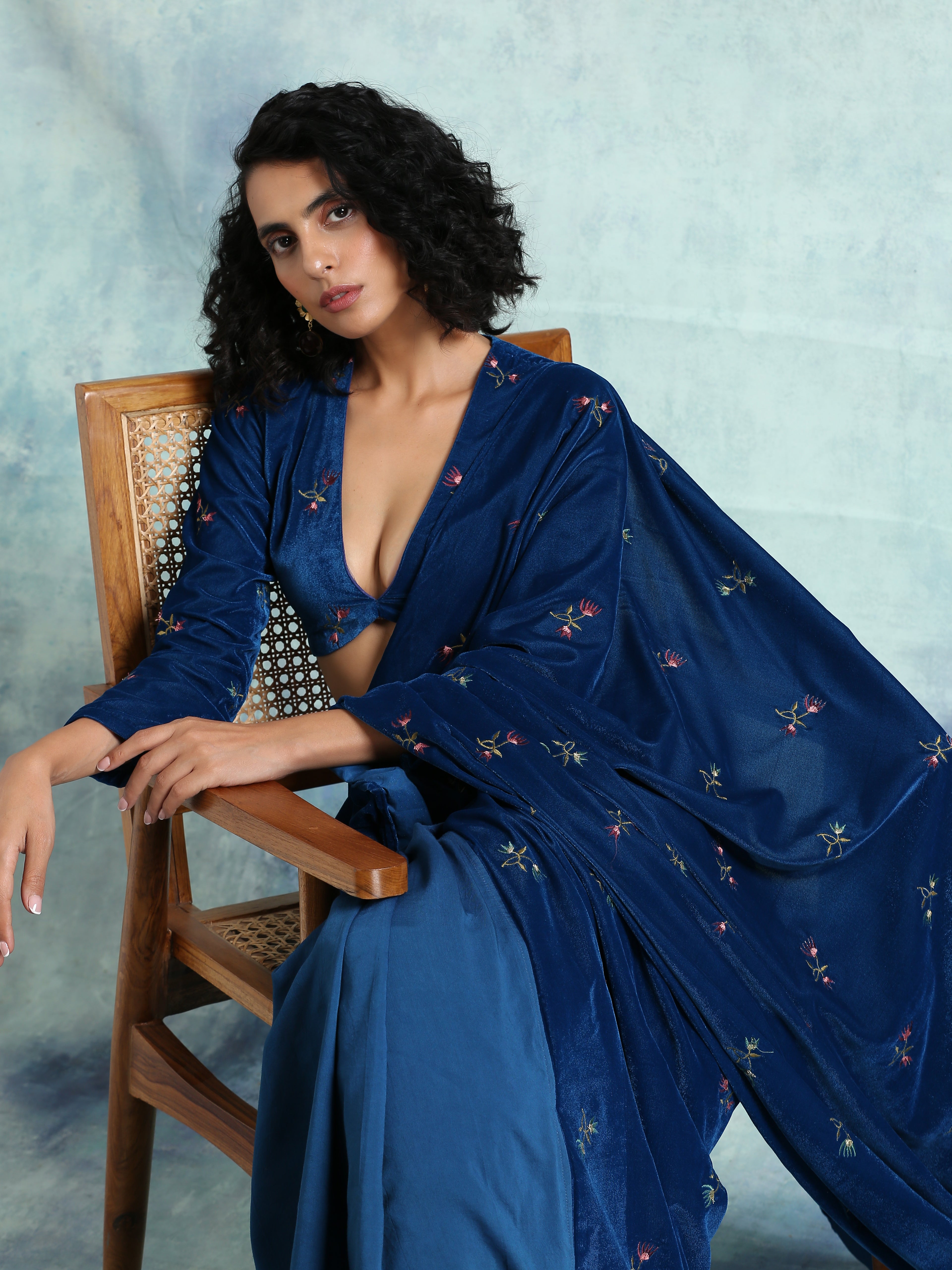 Blue Embroidered Velvet Pre-Stitched Saree