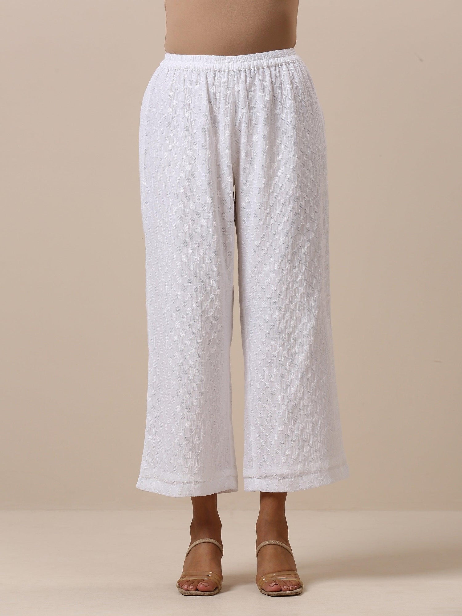 Cotton White Schiffli Weave Kurta Pant Set - trueBrowns